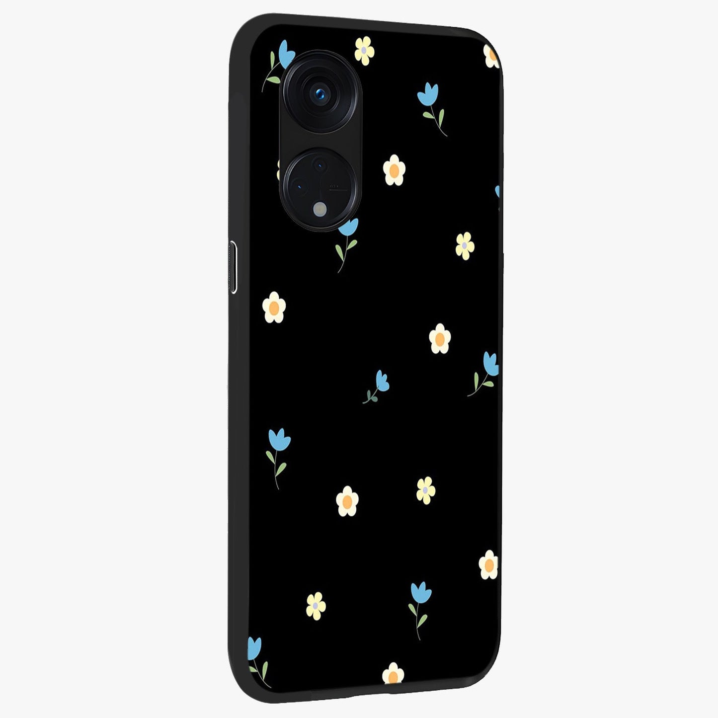 Minimal Petal Whispers Glass Case upright view showcasing elegant floral artwork with modern minimalist style.