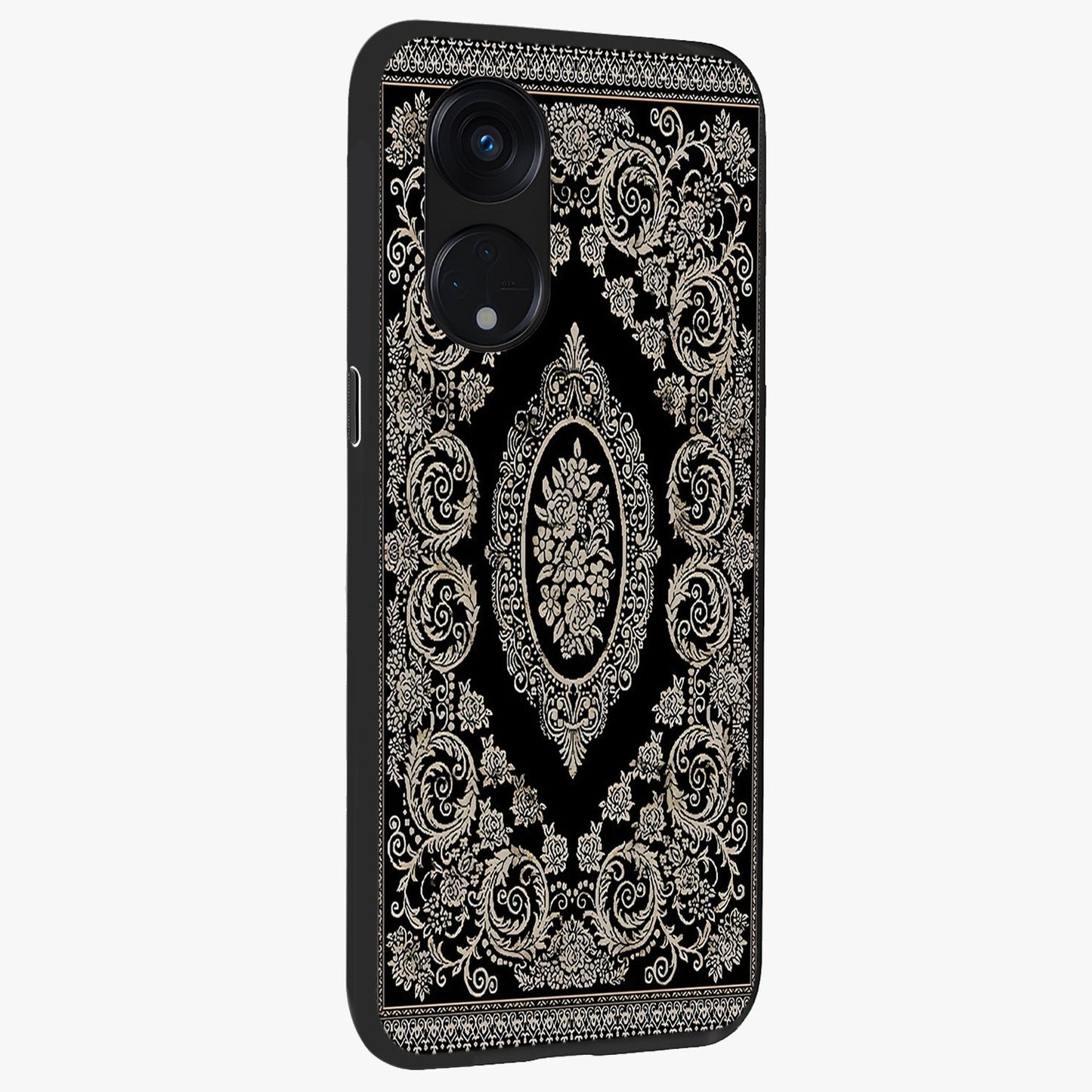 Noir Bloom Elegance Glass Case upright view showcasing graceful floral artwork with luxurious dark theme.