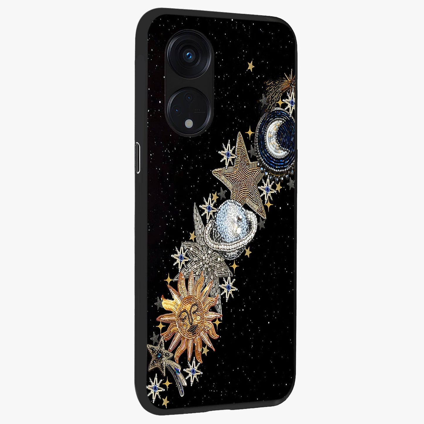 Pearls Universe Object Glass Case upright view showcasing decorative pearl themed artwork with cosmic elegance.