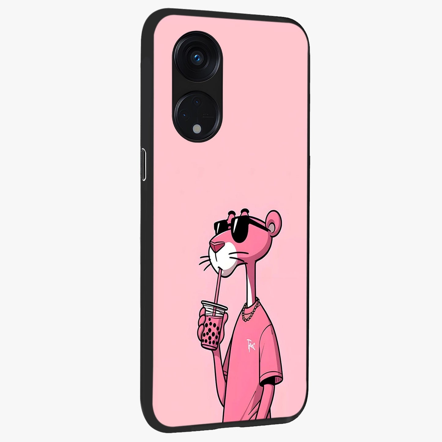 Pink Panther Glass Case upright view showcasing fun animated artwork with stylish retro cartoon theme.