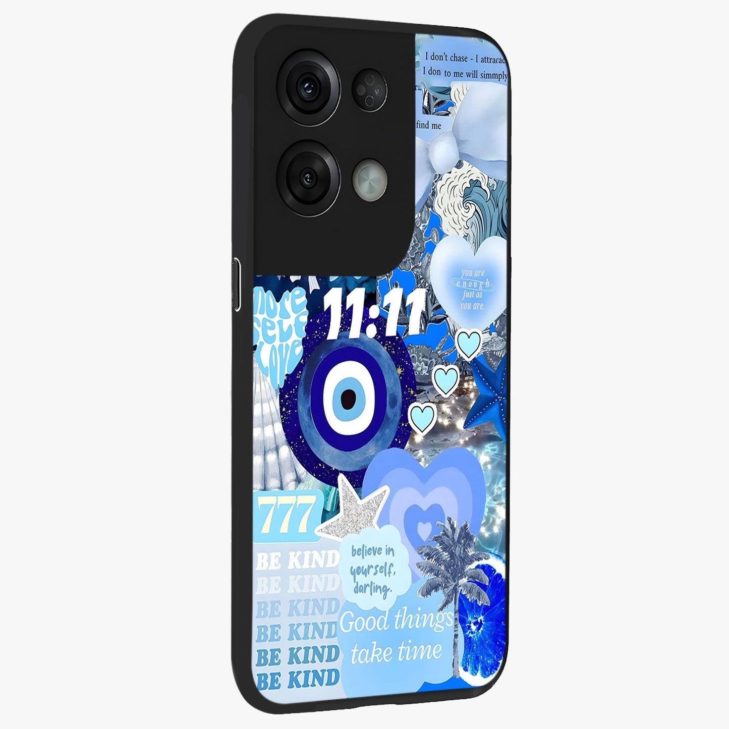 Aesthetic Be Kind Eye Glass Case upright view showcasing stylish eye illustration with positive message theme.