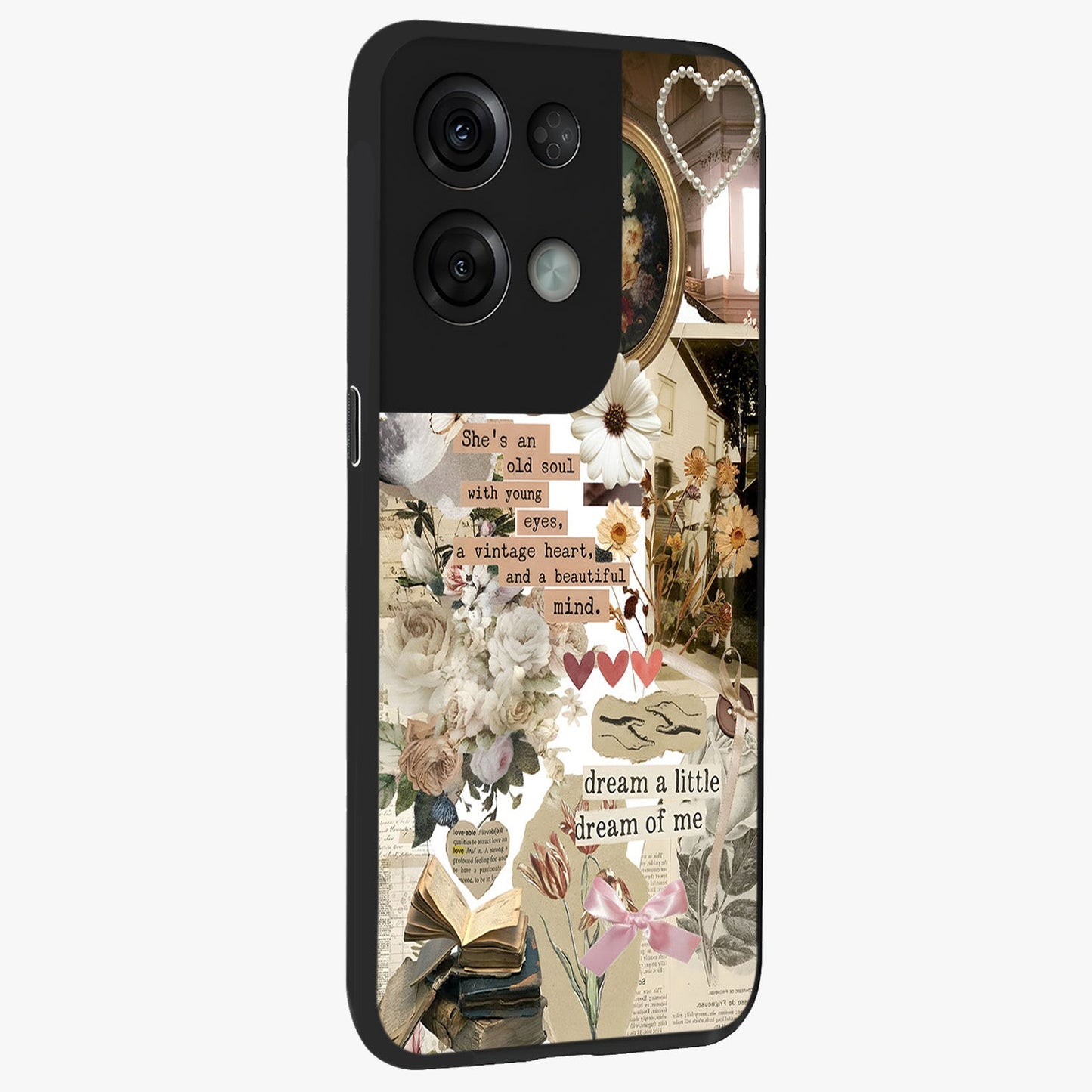 Aesthetic Brown Vintage Collage Glass Case upright view showcasing nostalgic retro artwork with stylish vintage theme.