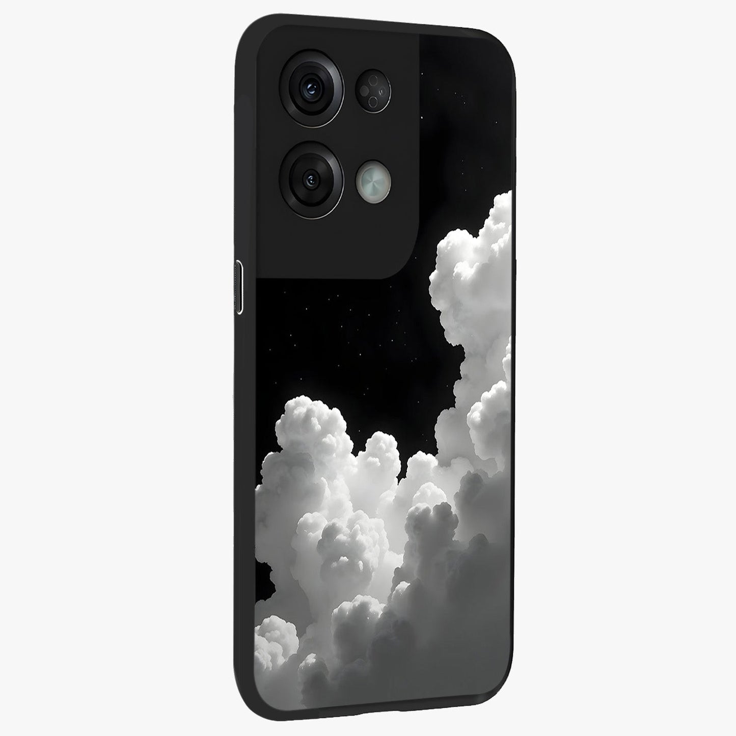 Black Background With White Cloud Glass Case upright view showcasing calm cloud aesthetic with modern minimal style.