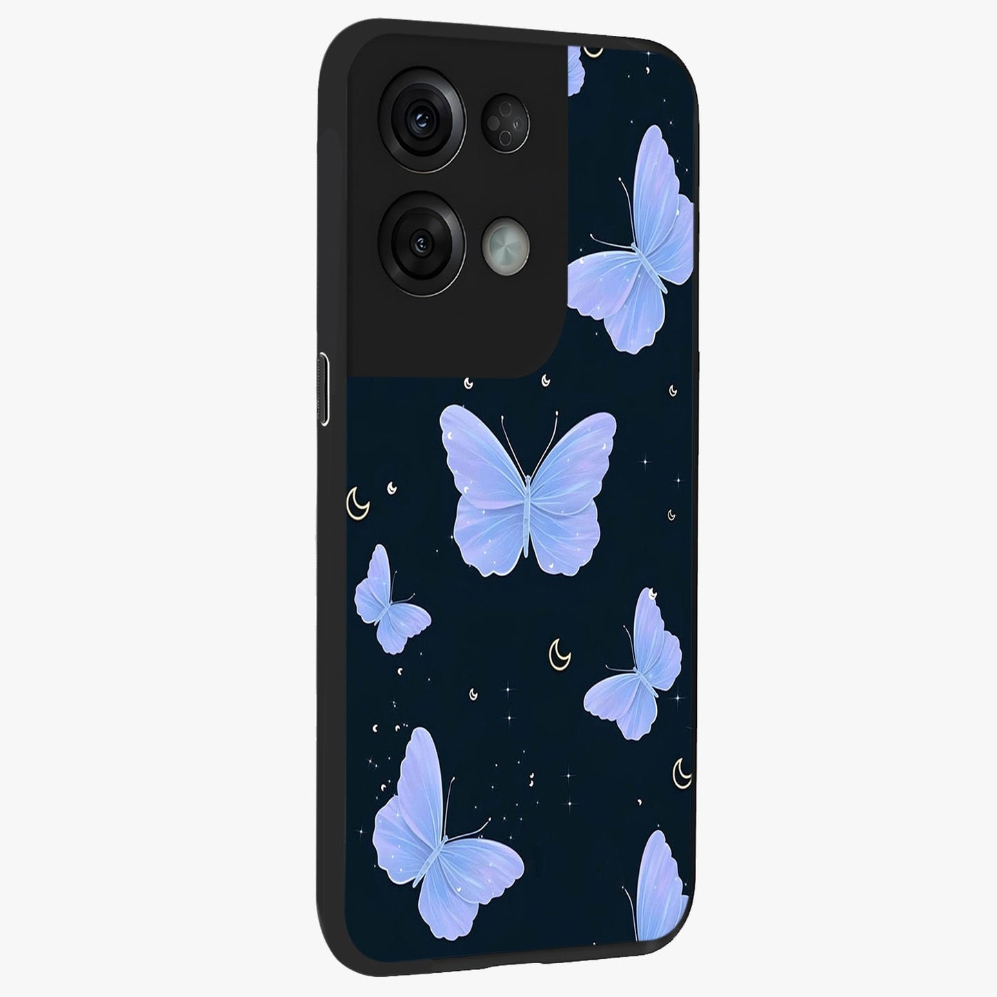 Butterfly With Stars Pattern Glass Case upright view showcasing celestial butterfly artwork with sparkling star elements.
