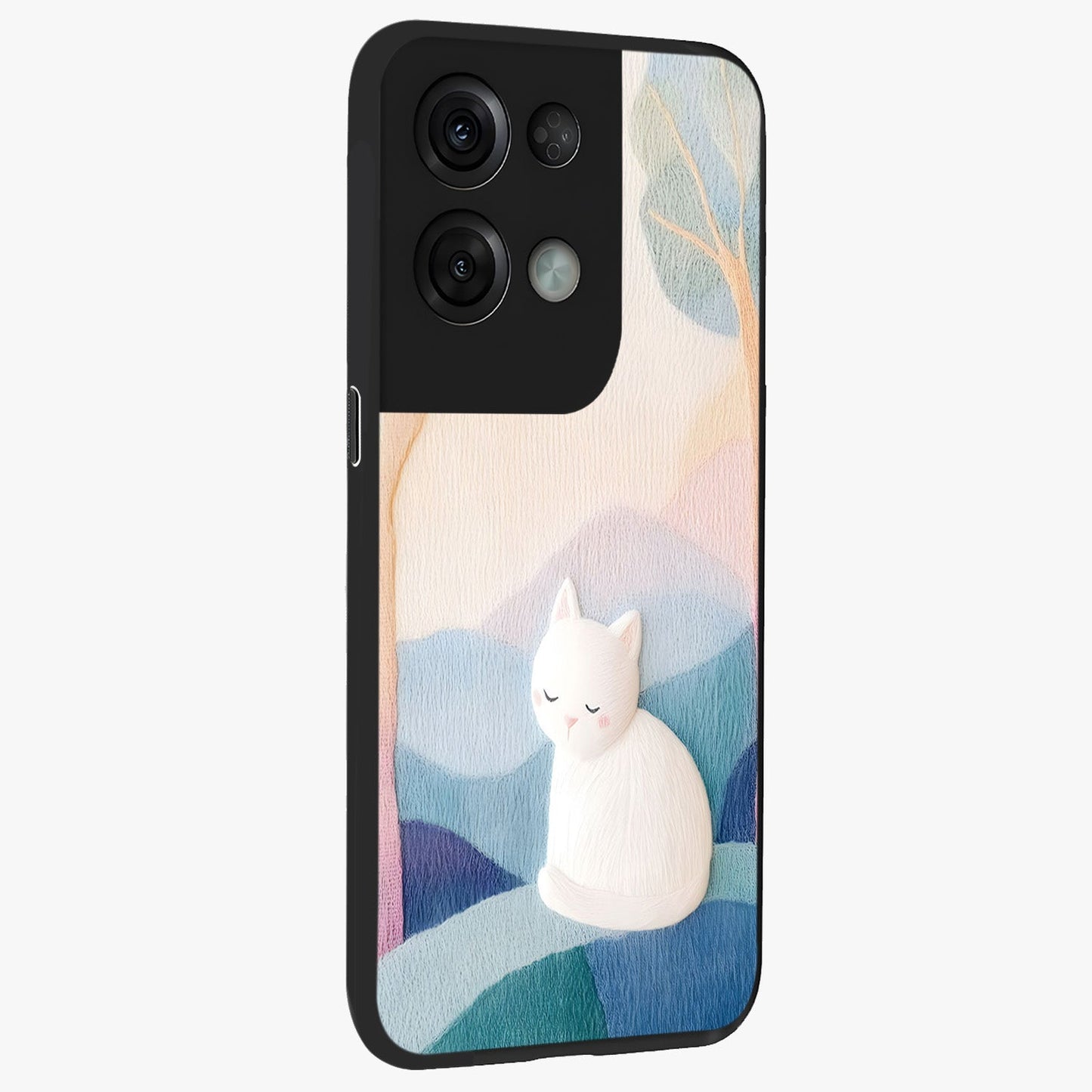 Cotton Dream Cat Glass Case upright view showcasing charming cat artwork with cozy dreamy theme.