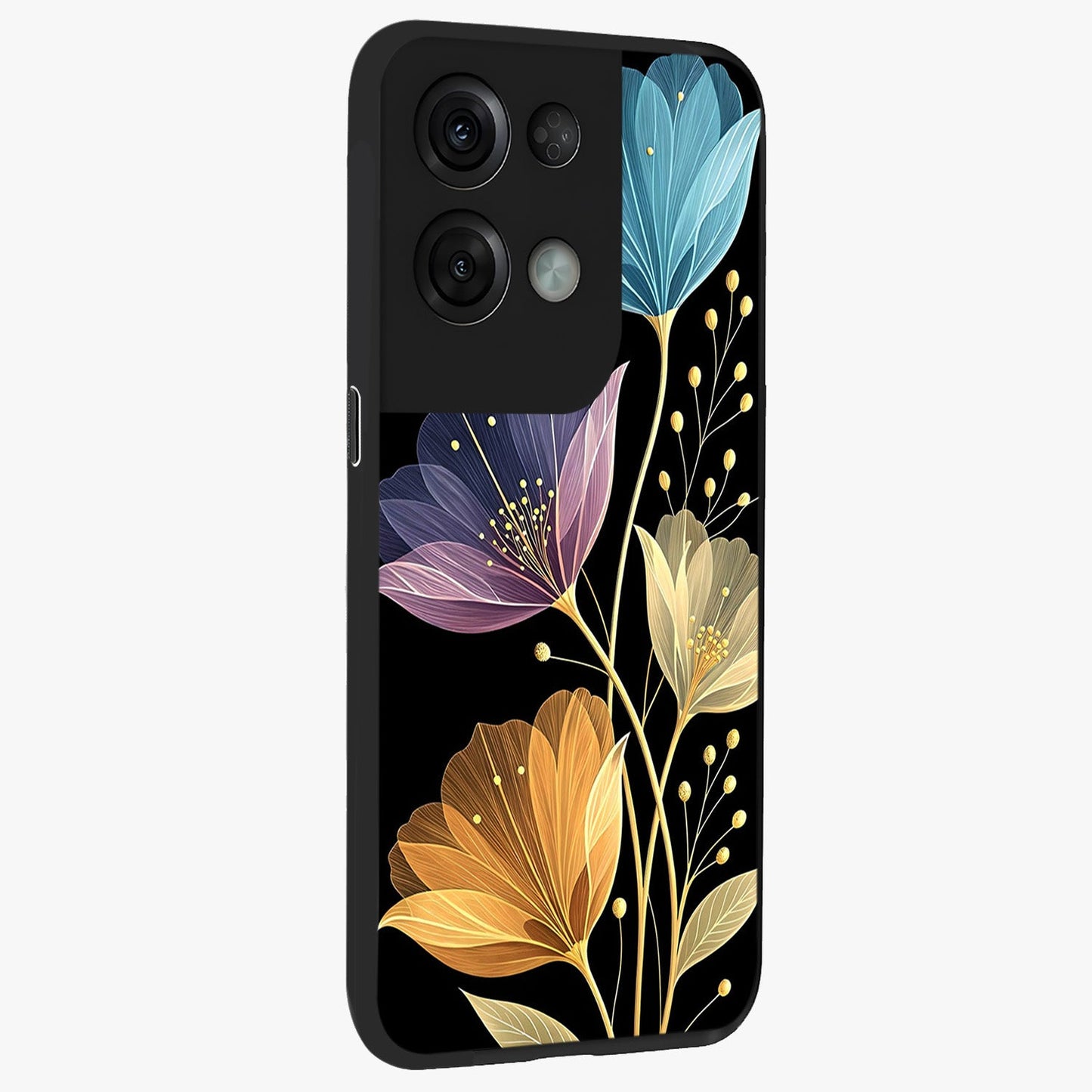 Delicate Multicolor Flowers Glass Case upright view showcasing delicate floral artwork with bright botanical theme.