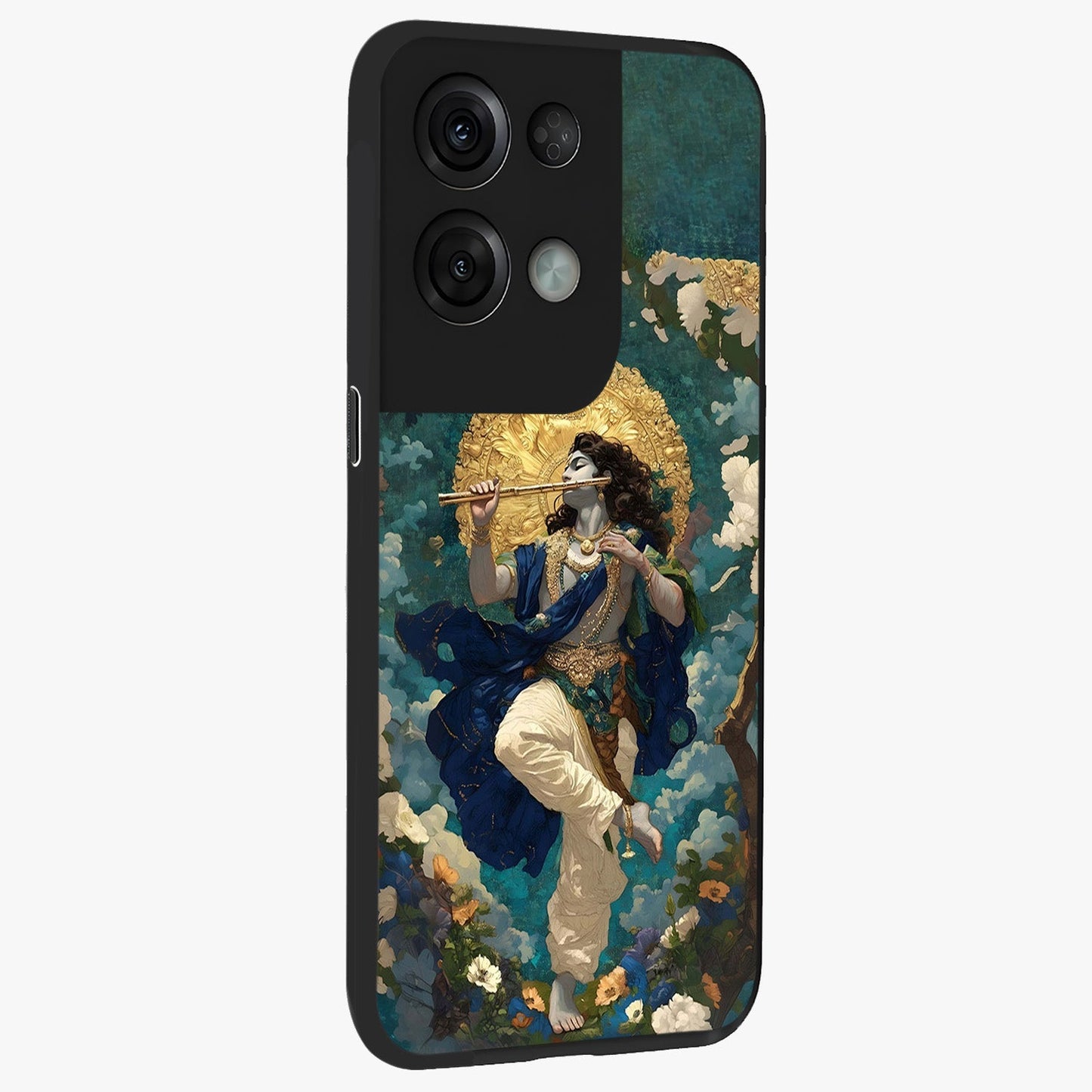 Divine Krishna Art Glass Case upright view showcasing divine Krishna artwork with sacred artistic theme.