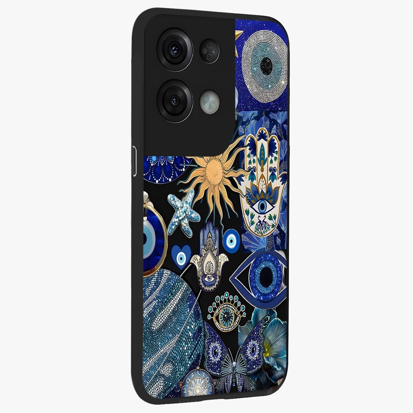 Evil Eye Charm Mix Glass Case upright view showcasing mystical evil eye pattern with vibrant decorative style.