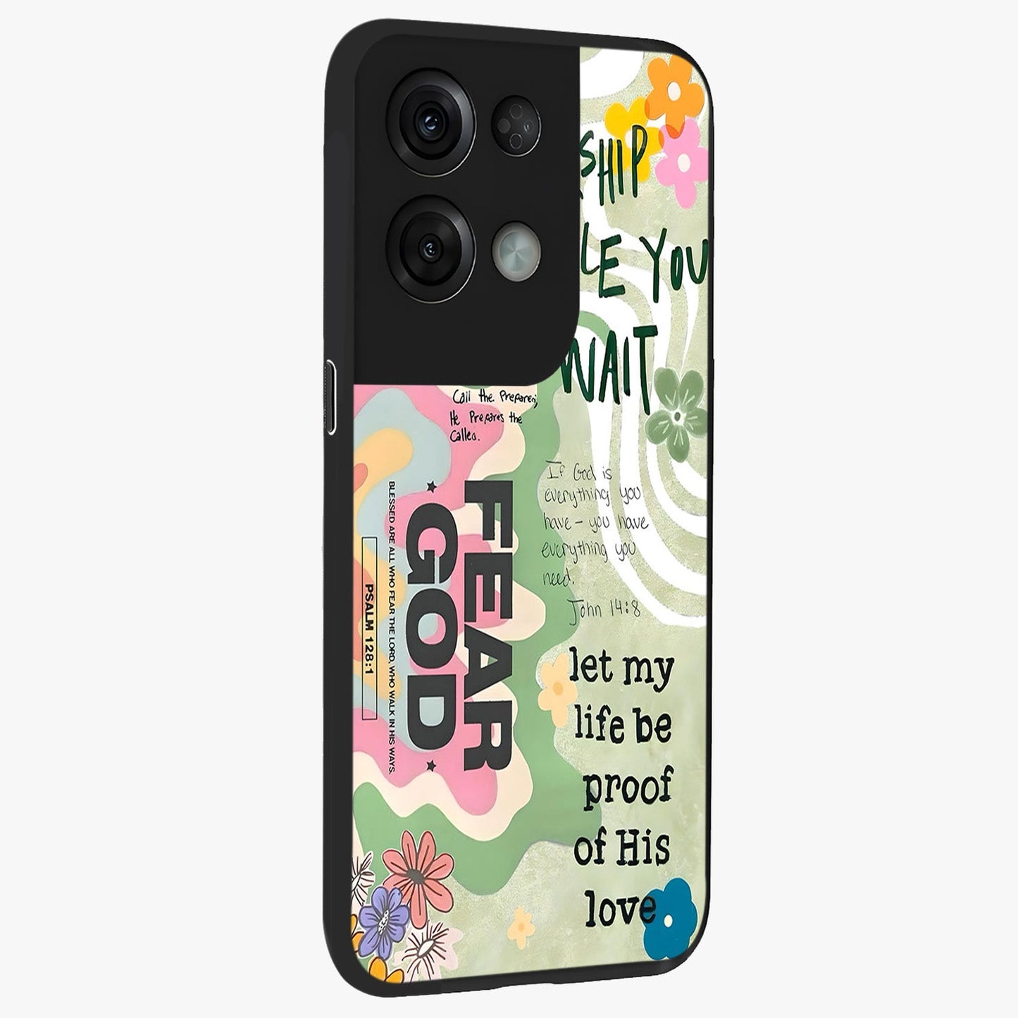 Faith Over Fear Glass Case upright view showcasing bold typography artwork with uplifting motivational theme.