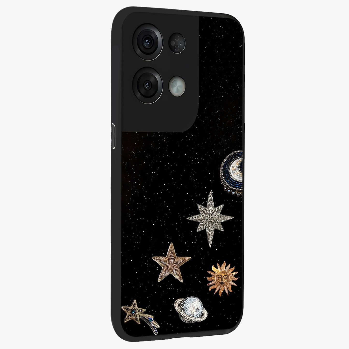 Galactic Charm Glow Glass Case upright view showcasing glowing cosmic charm artwork with magical celestial style.