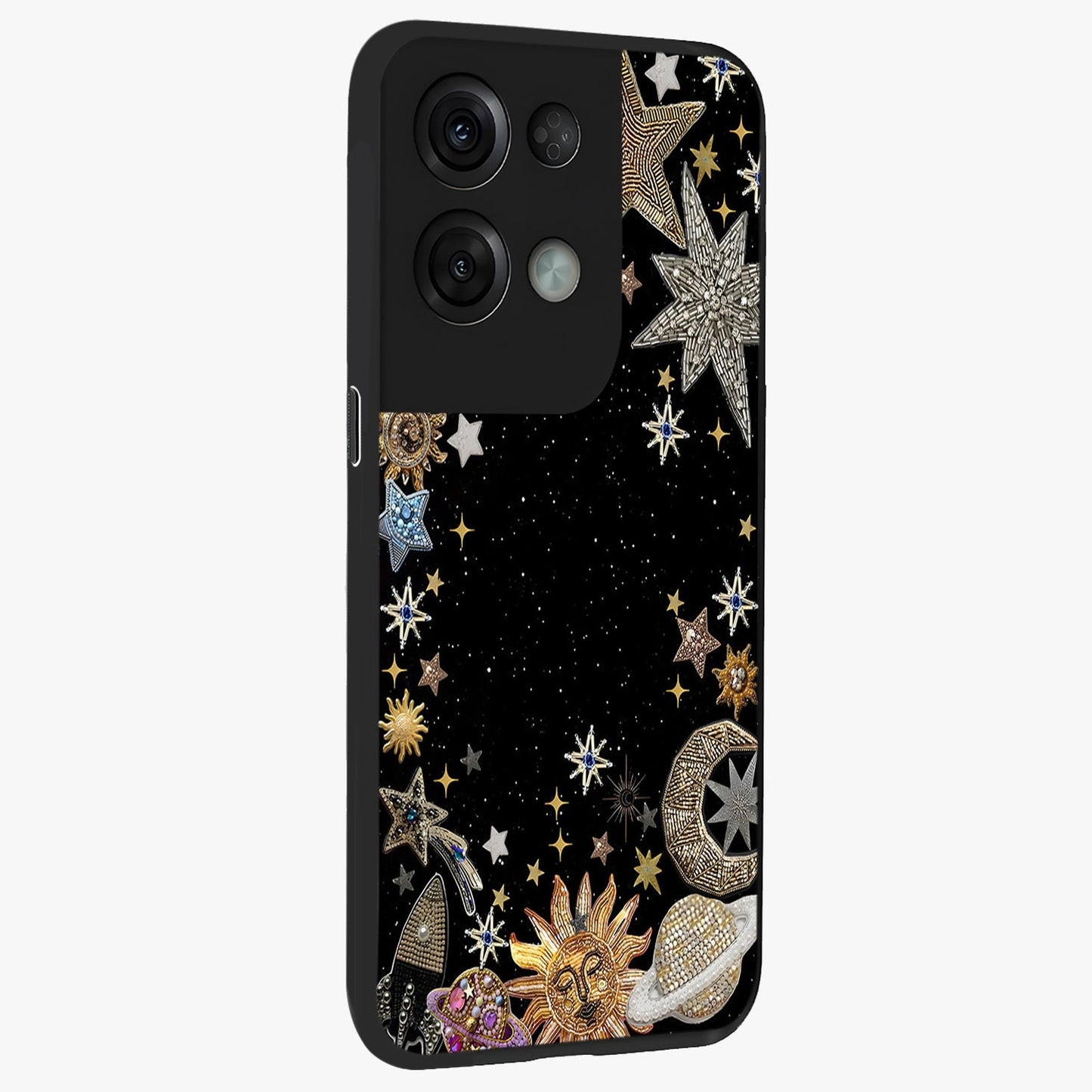 Galactic Jewel Stars Glass Case upright view showcasing glittering star jewel artwork with vibrant galaxy theme.