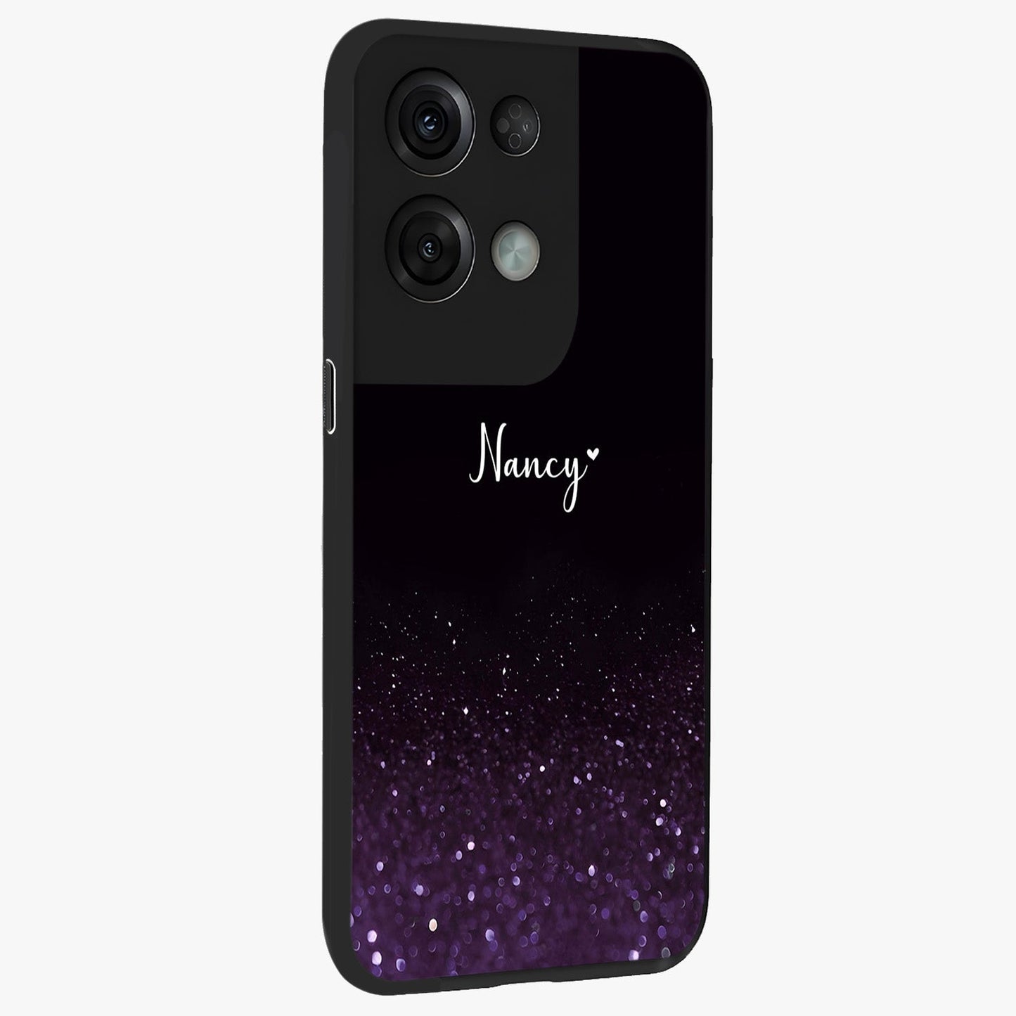 Glittery Purple Bokeh Custom Name Glass Case upright view showcasing vibrant purple sparkle artwork with personalized aesthetic style.