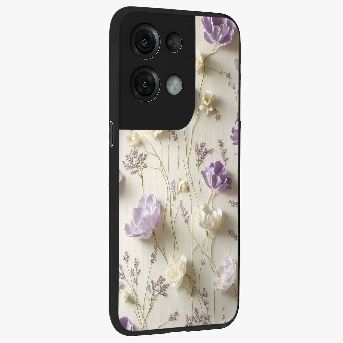 Lilac Breeze Harmony Glass Case upright view showcasing delicate lilac artwork with peaceful floral theme.