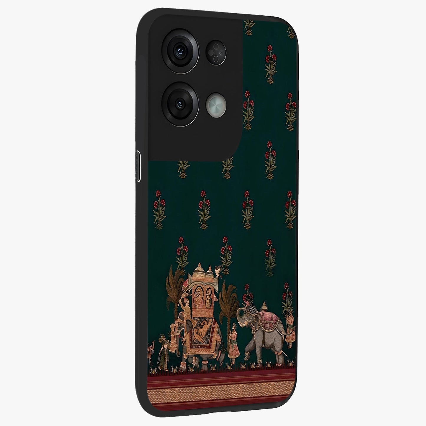 Macmerise Glass Case upright view showcasing bold artistic artwork with contemporary design theme.