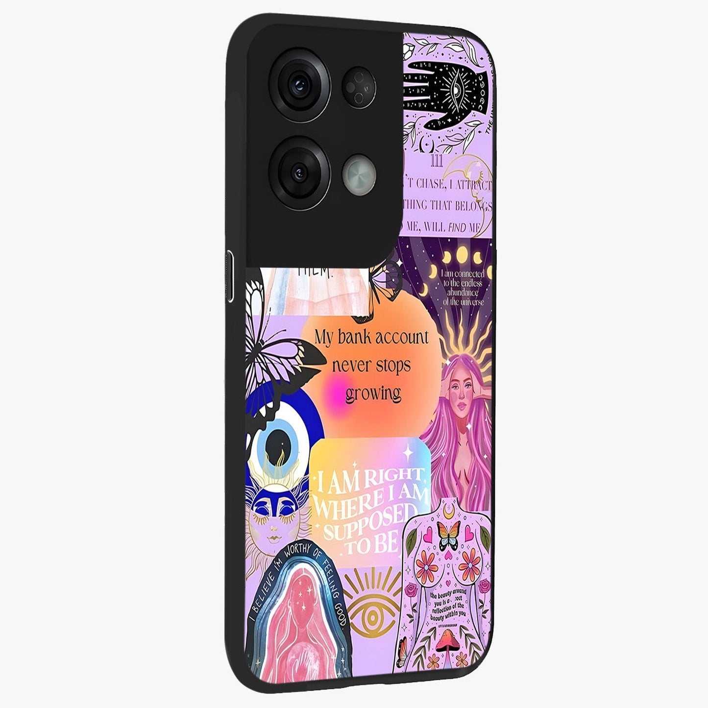 Manifestation Collage Glass Case upright view showcasing artistic manifestation themed artwork with creative style.