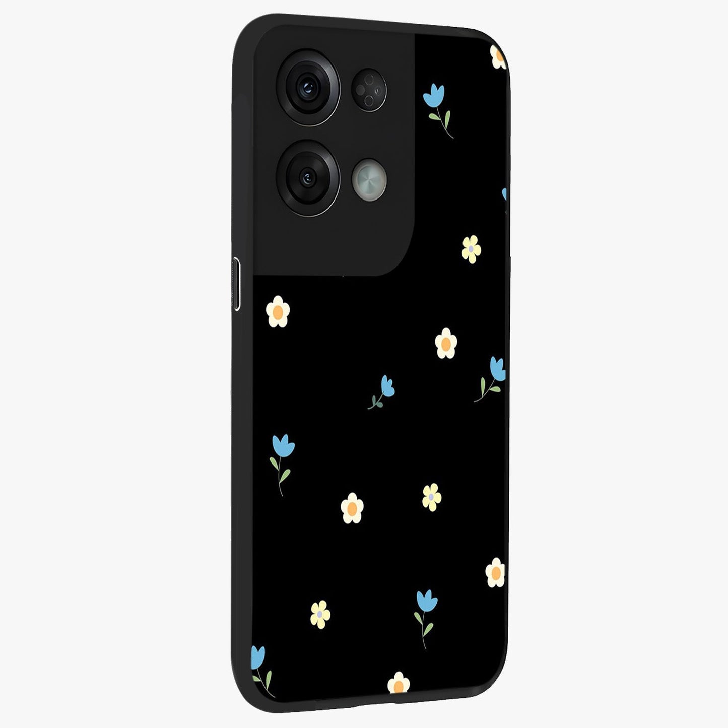 Minimal Petal Whispers Glass Case upright view showcasing elegant floral artwork with modern minimalist style.