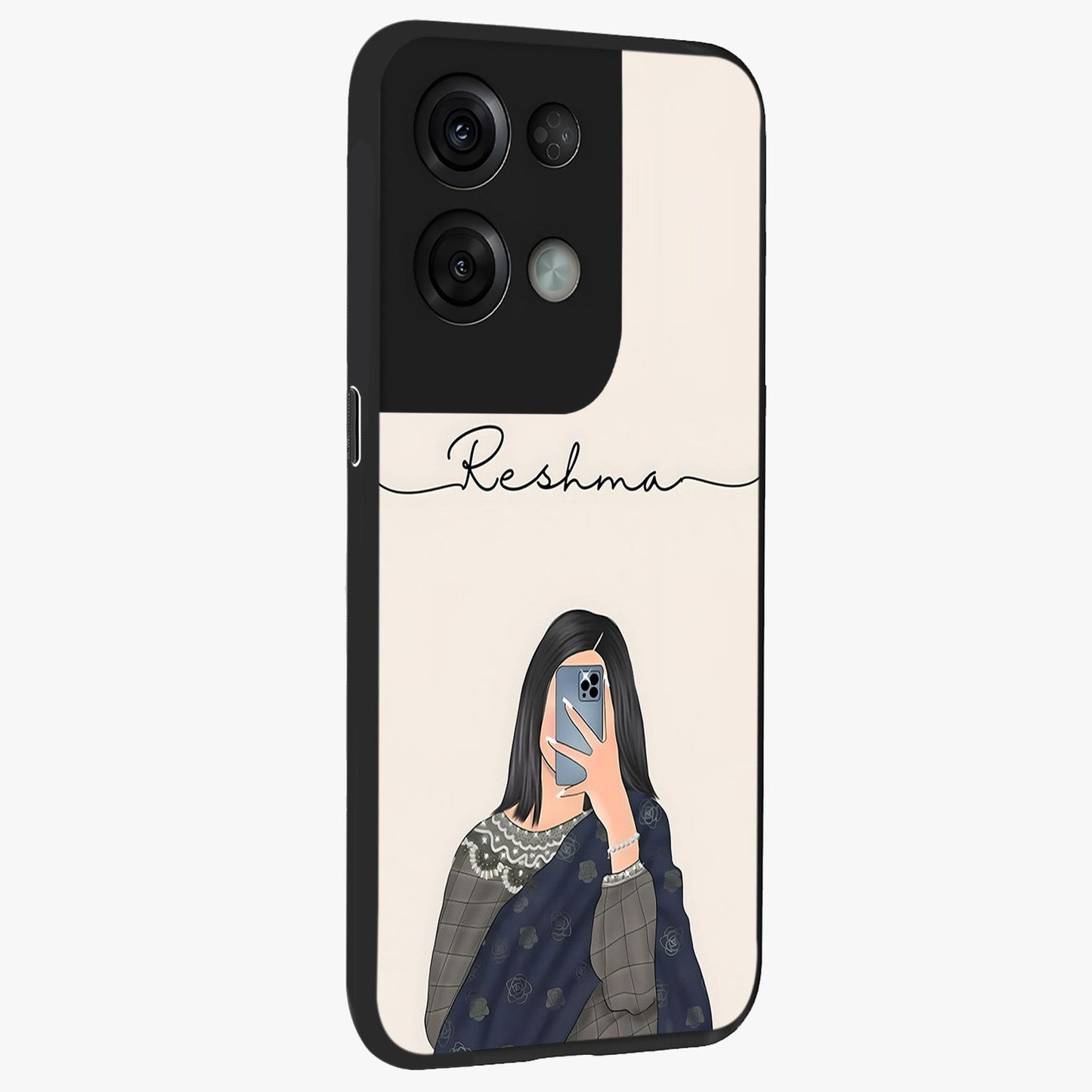 Mirror Mood Muse With Custom Name Glass Case upright view showcasing artistic mirror themed artwork with personalized aesthetic.