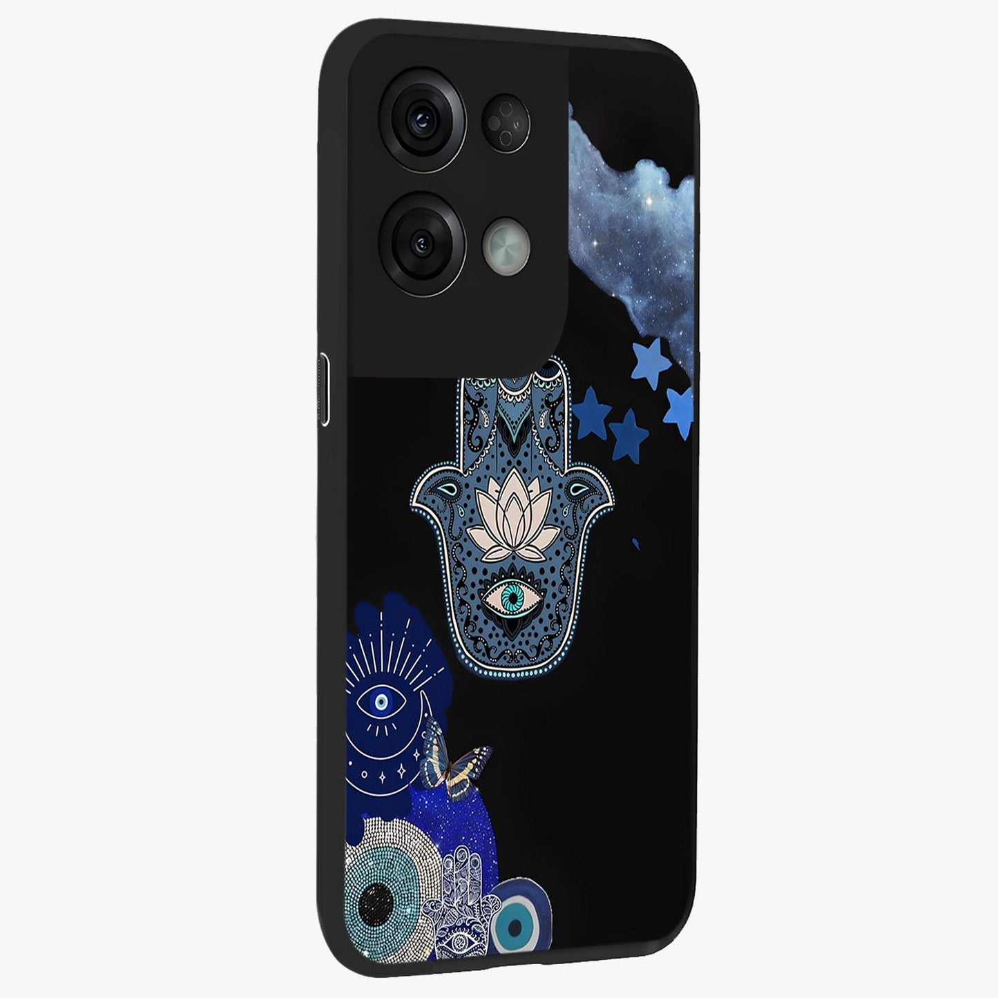 Mystic Hand Aura Glass Case upright view showcasing symbolic hand artwork with mystical energy theme.