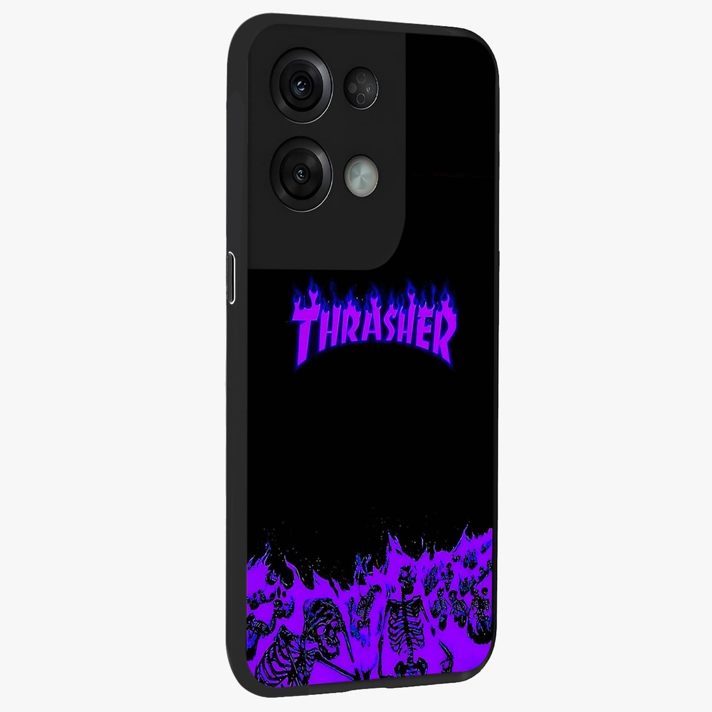 Neon Flame Riot Glass Case upright view showcasing dynamic flame artwork with energetic neon theme.