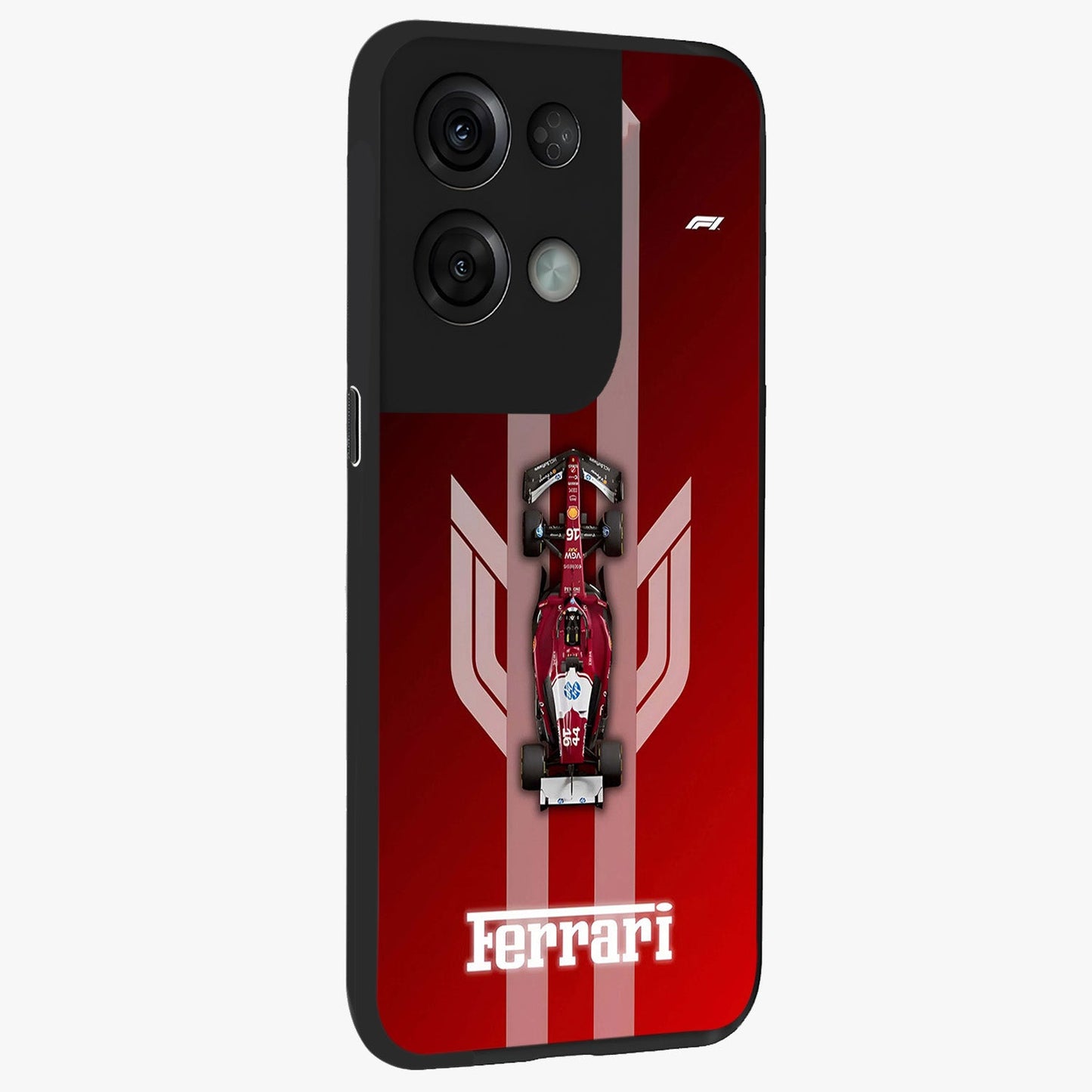 Red Ferrari F1 Vertical Glass Case upright view showcasing powerful Formula car artwork with dynamic motorsport theme.