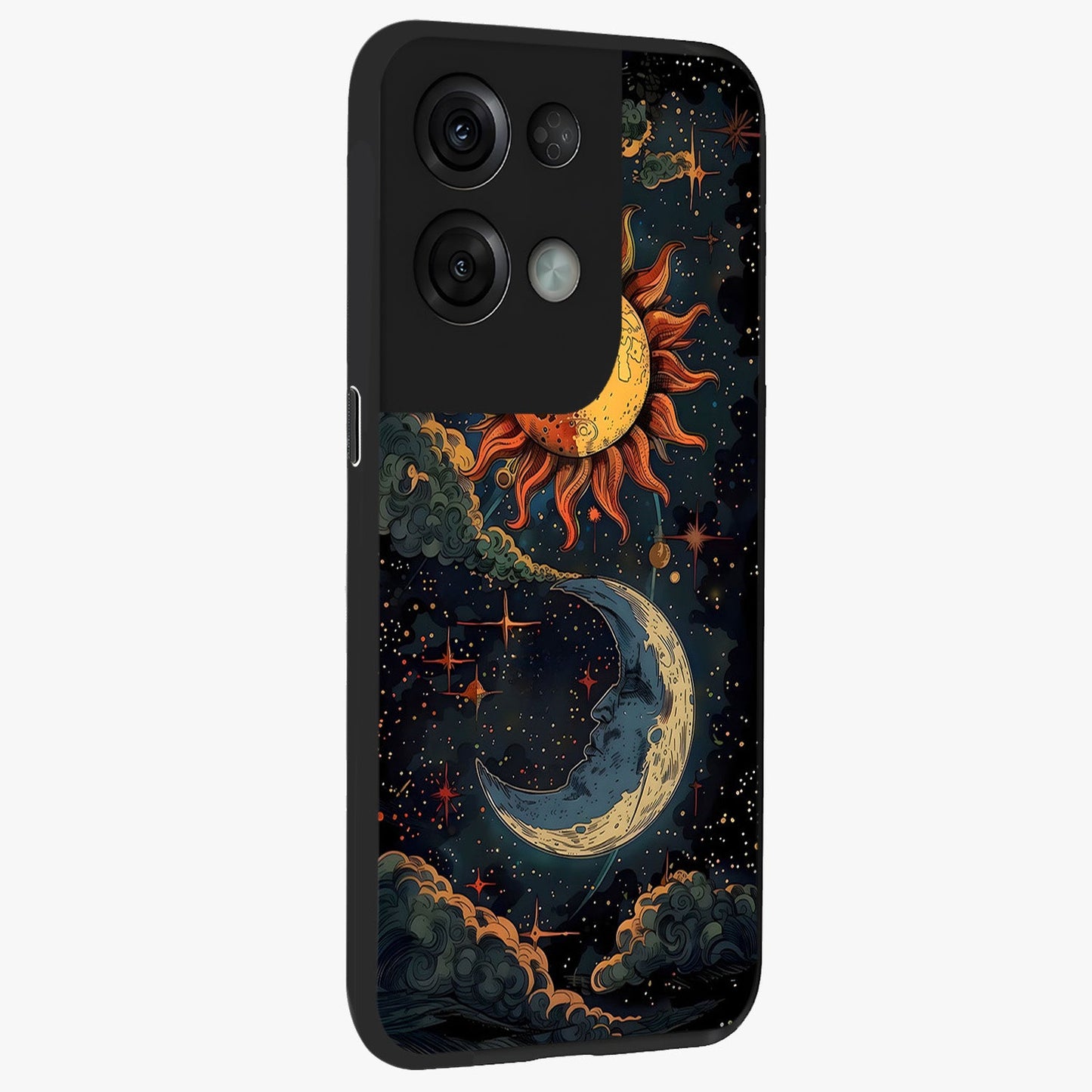 Sun And Moon Magic Design Glass Case upright view showcasing decorative sun and moon artwork with spiritual celestial theme.