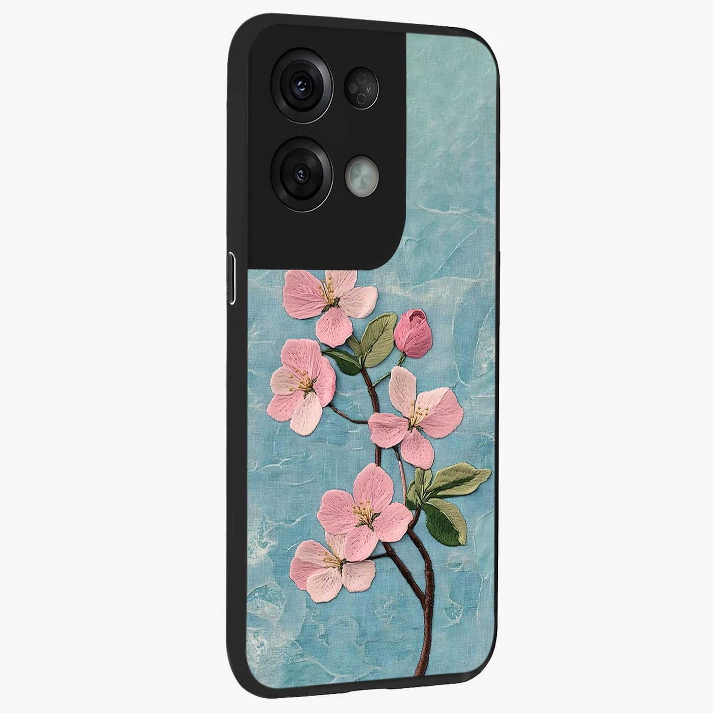 Threaded Blossom Breeze Glass Case upright view showcasing graceful flower artwork with calm botanical theme.