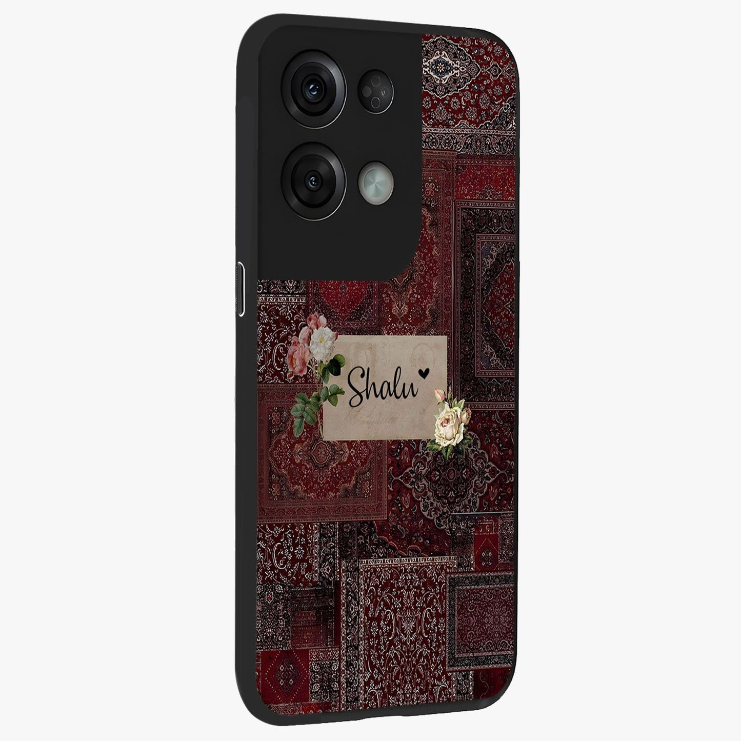 Velvet Wine Pattern Custom Name Glass Case upright view showcasing luxurious wine toned artwork with personalized aesthetic.