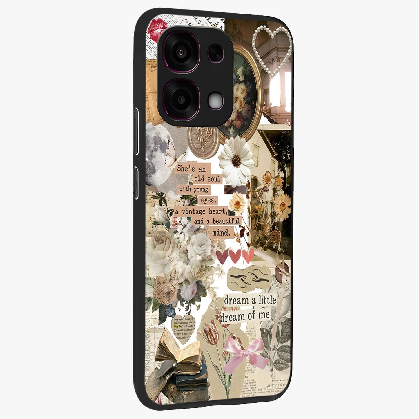 Aesthetic Brown Vintage Collage Glass Case upright view showcasing nostalgic retro artwork with stylish vintage theme.