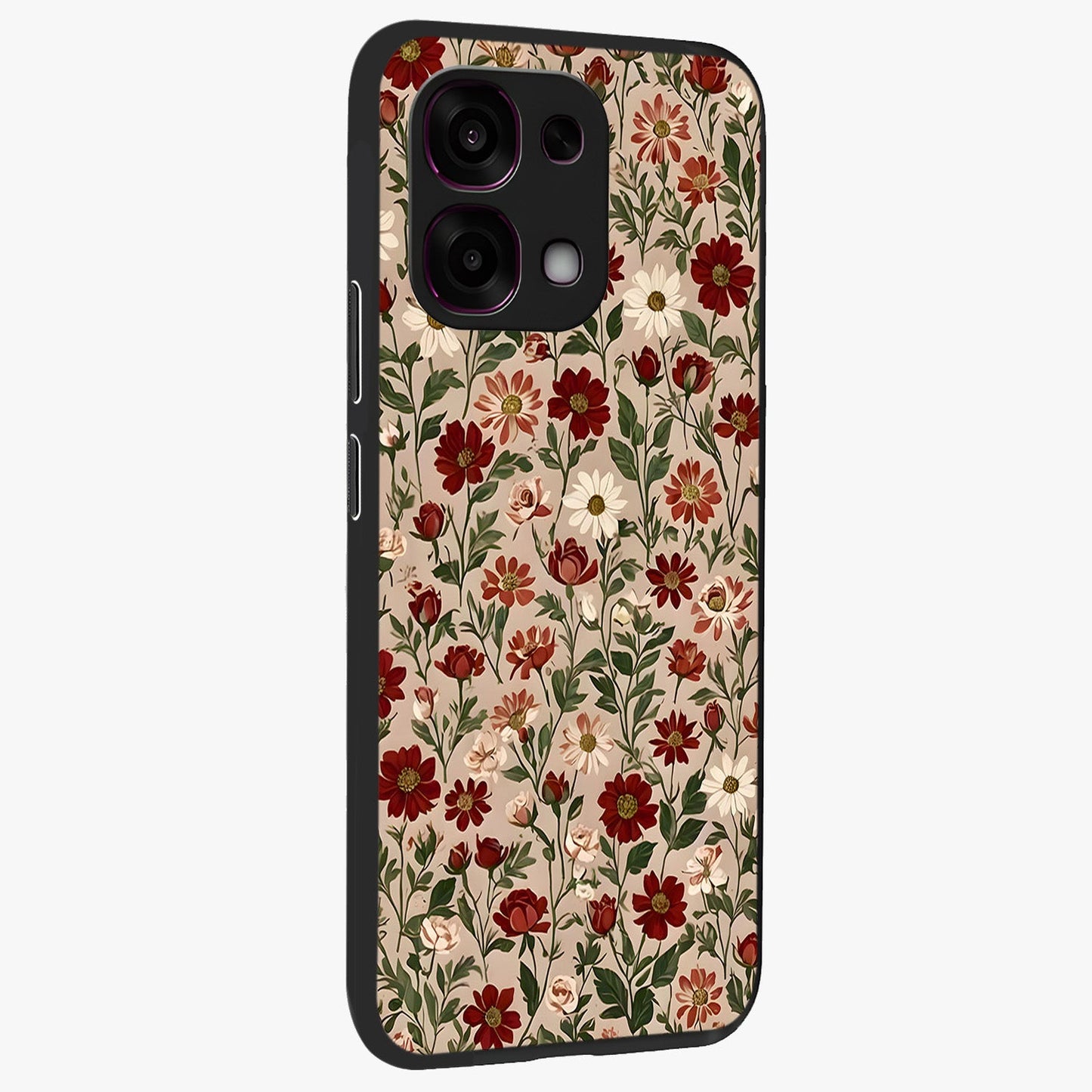 Biege Flower With Leaf Glass Case upright view showcasing delicate beige flower illustration with clean botanical style.