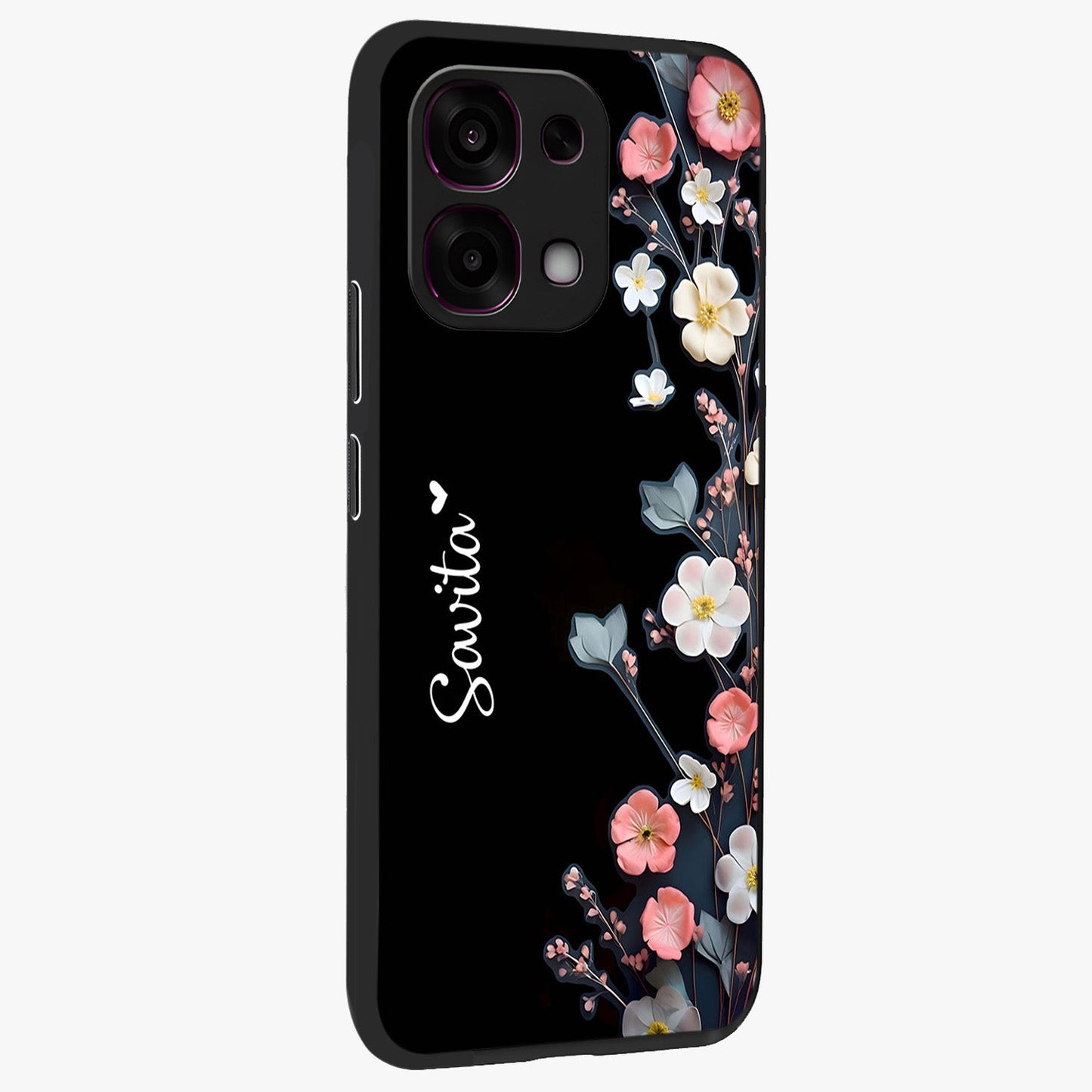 Black Elegance Floral Custom Name Glass Case upright view showcasing luxurious black floral design with personalized name detail.