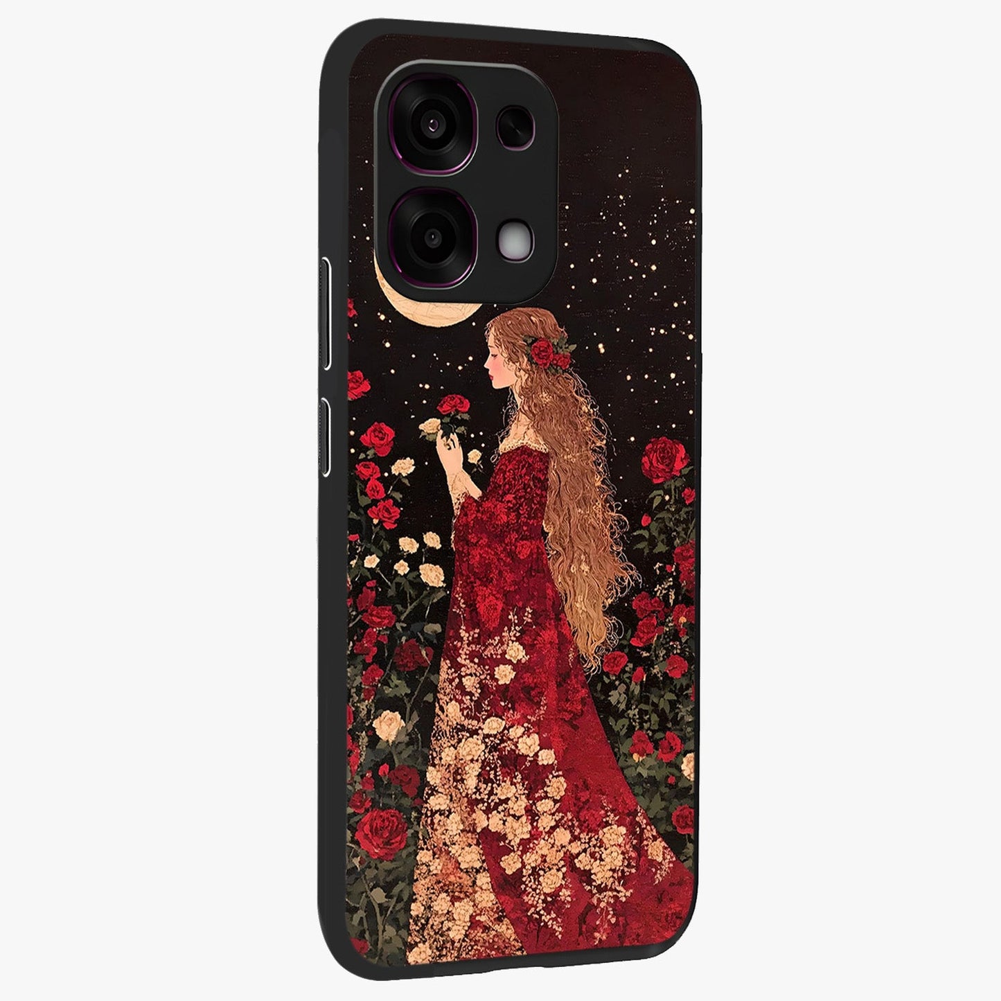 Crimson Dreams Glass Case upright view showcasing dreamy red toned artwork with modern aesthetic style.