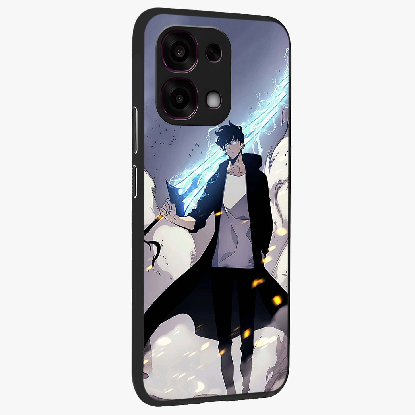 Dark Lightning Anime Warrior Glass Case upright view showcasing dramatic warrior artwork with dark lightning aesthetic.