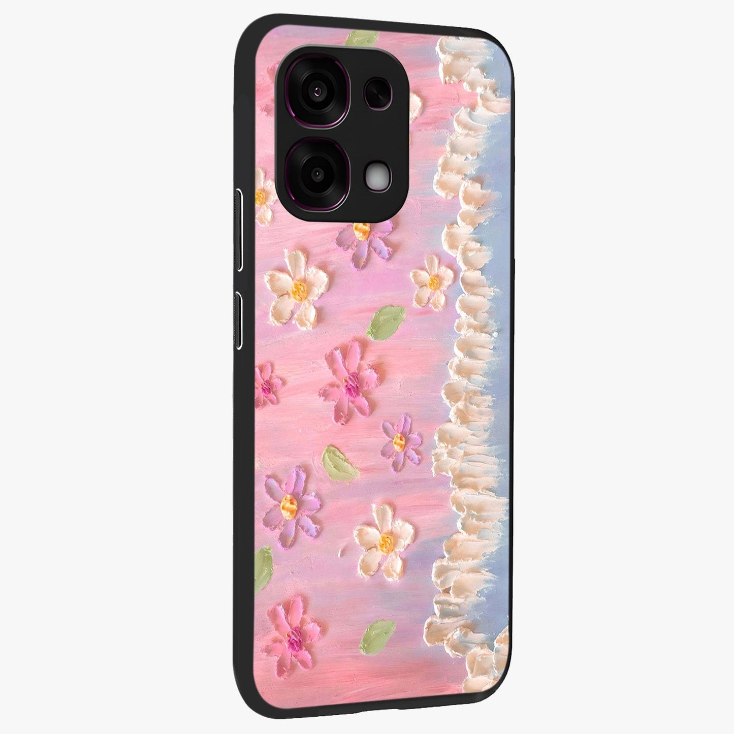 Dreamy Painted Garden Glass Case upright view showcasing vibrant floral garden artwork with artistic nature theme.