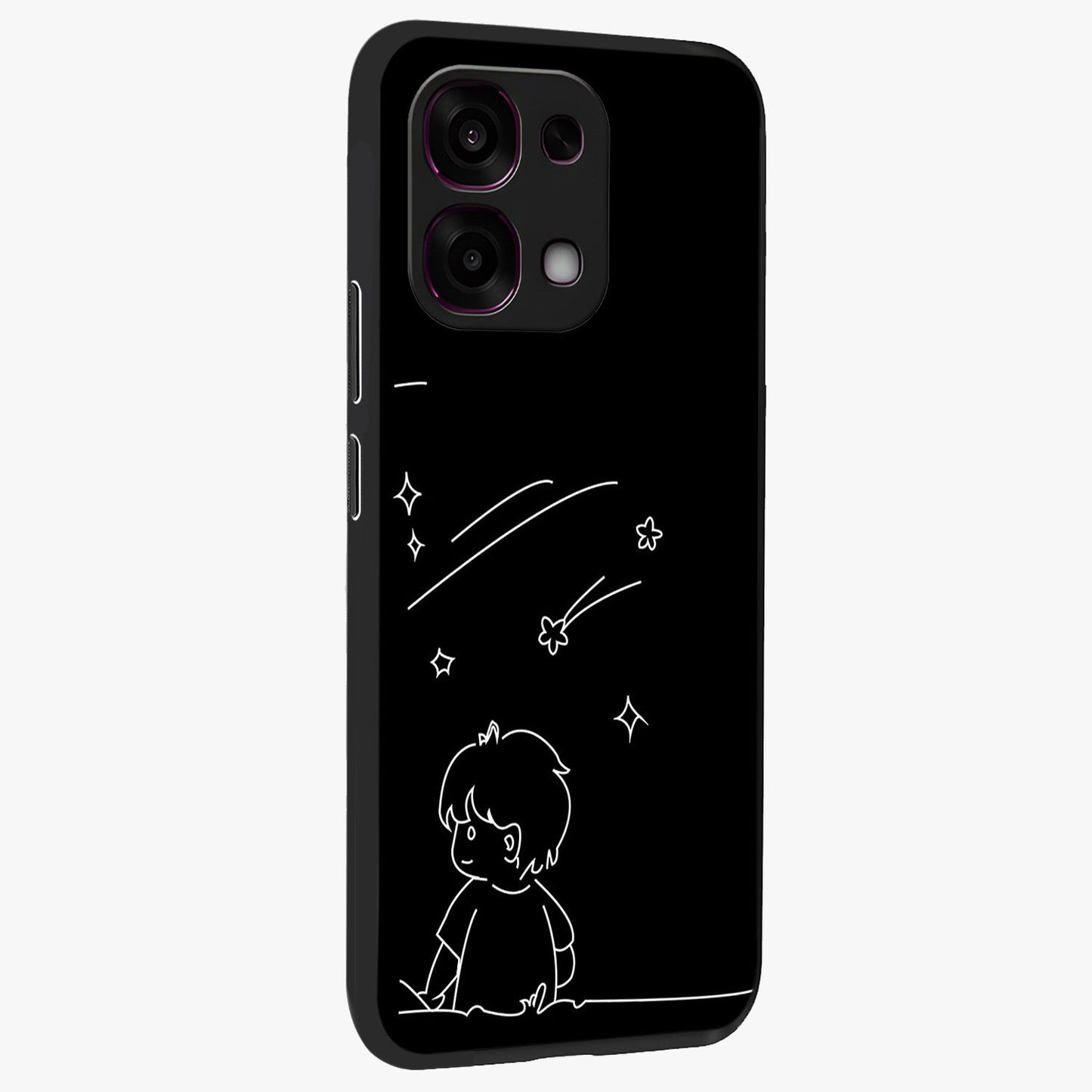 Line Art Boy With Shooting Stars Glass Case upright view showcasing artistic shooting star illustration with minimal style.