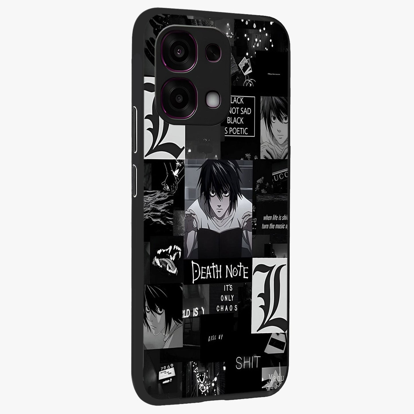 Midnight Chaos Mind Glass Case upright view showcasing expressive abstract artwork with bold dark theme.