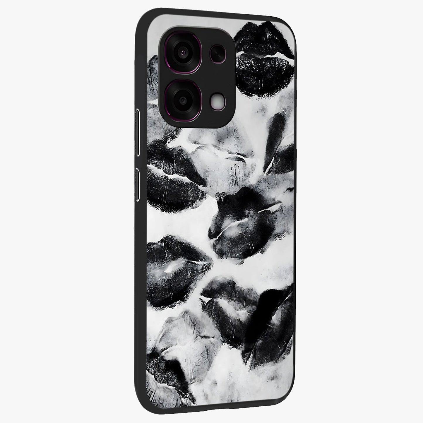 Midnight Kiss Marks Glass Case upright view showcasing stylish kiss mark artwork with trendy romantic theme.
