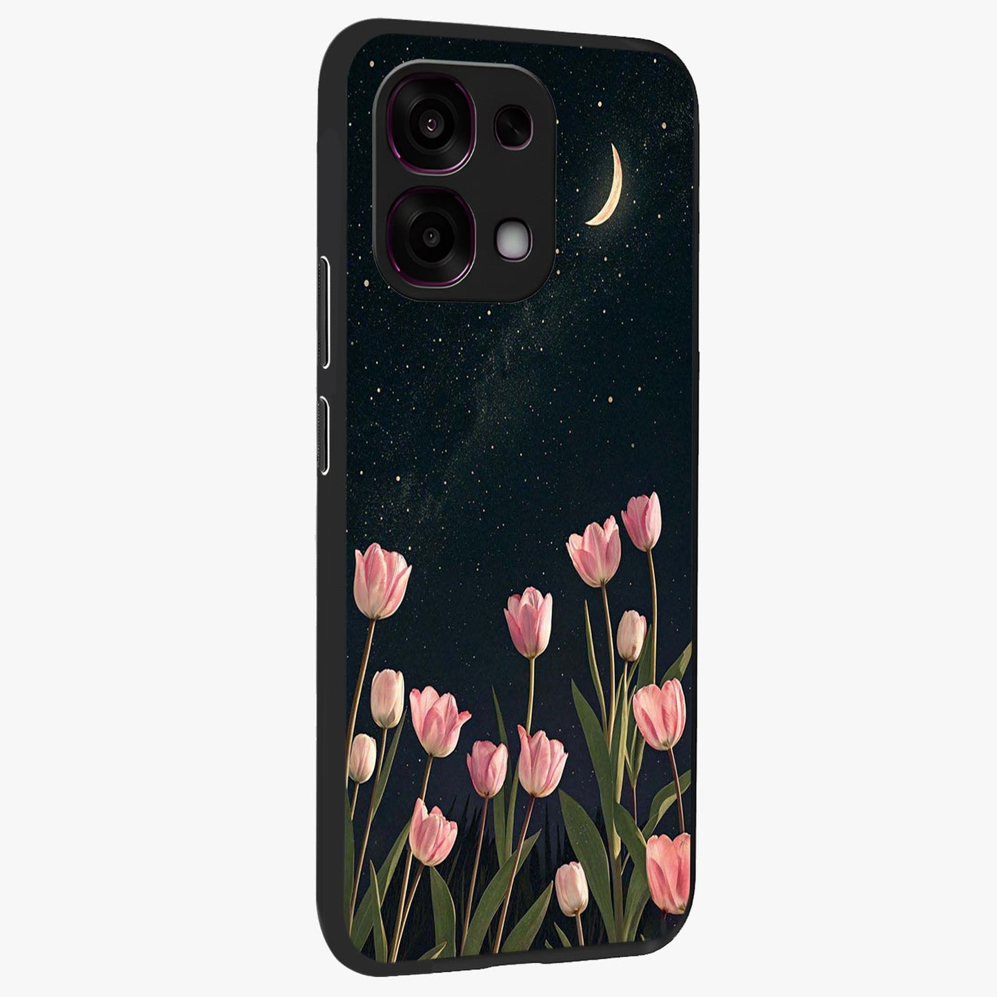 Midnight Tulip Whispers Vibe Glass Case upright view showcasing graceful tulip artwork with calm botanical theme.