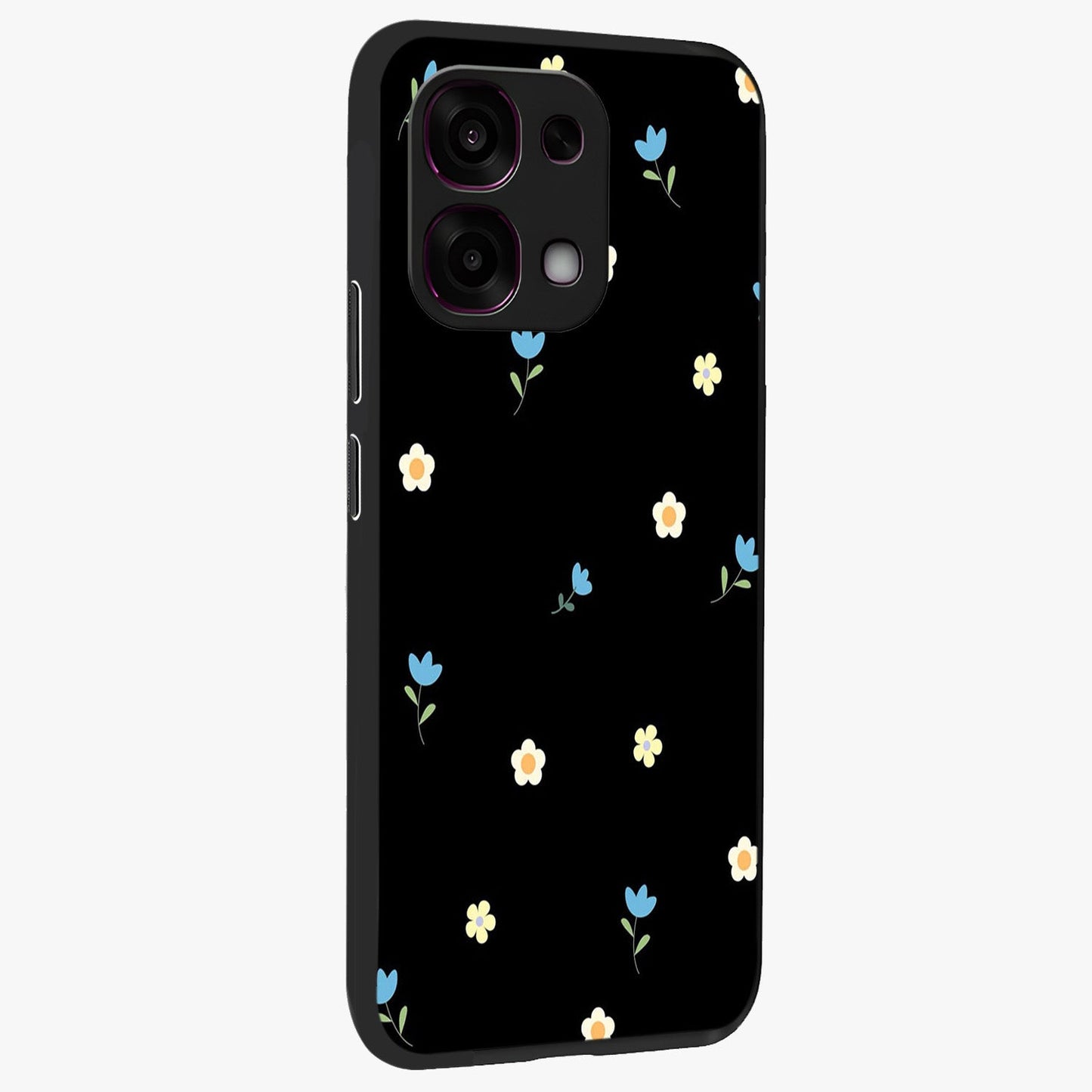 Minimal Petal Whispers Glass Case upright view showcasing elegant floral artwork with modern minimalist style.