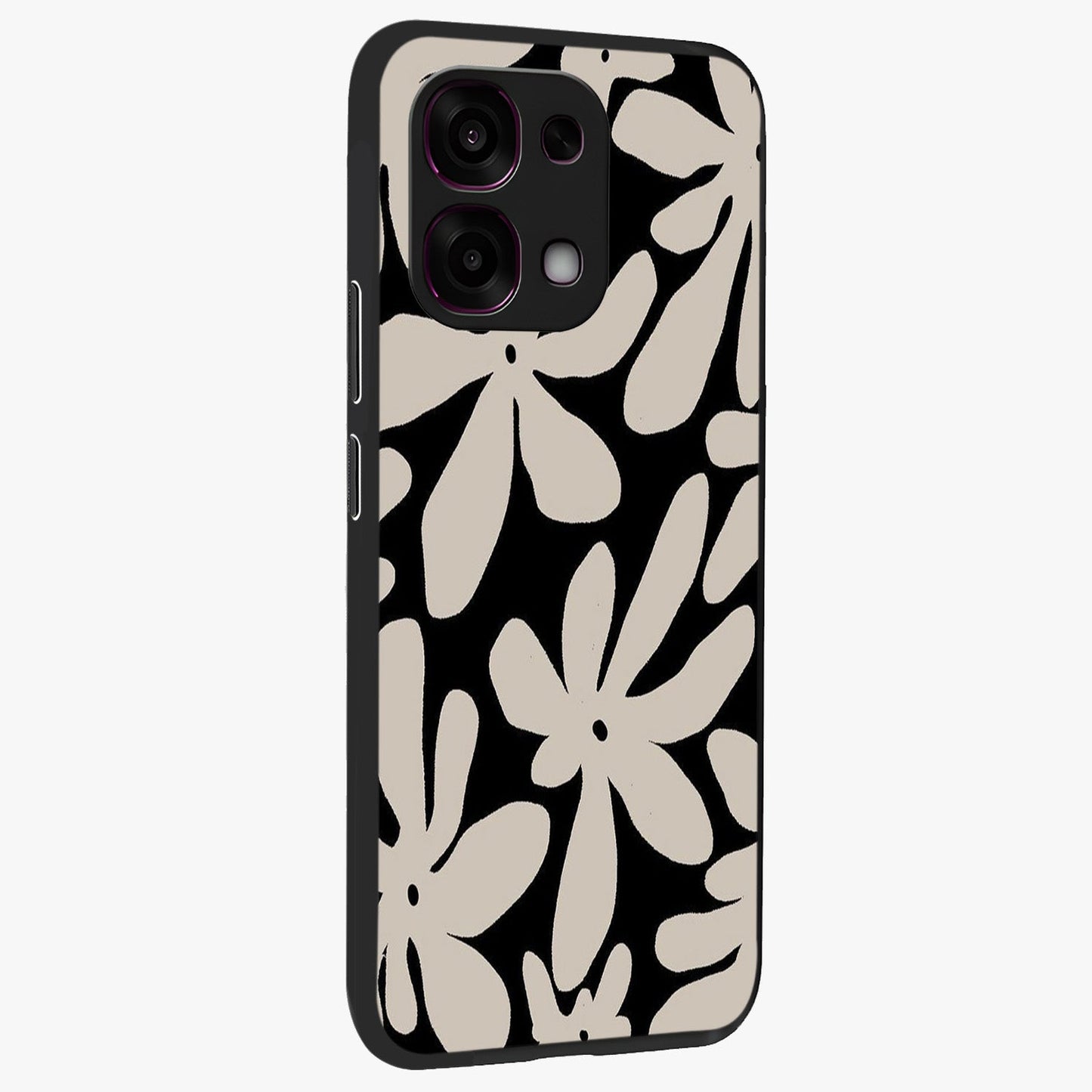Monochrome Petal Dance Glass Case upright view showcasing artistic floral pattern with stylish monochrome theme.