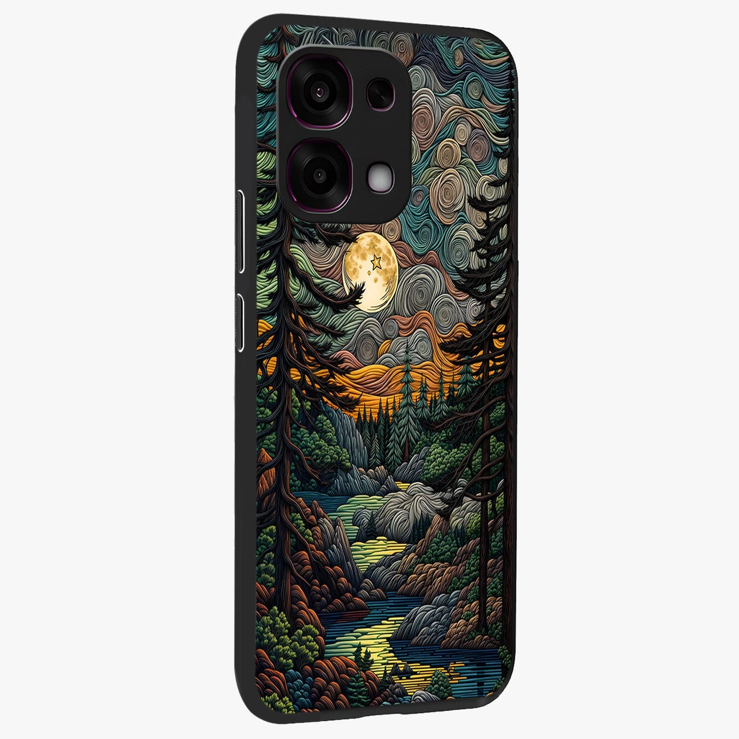 Moonlight Forest Dream Glass Case upright view showcasing magical forest artwork with calm night theme.