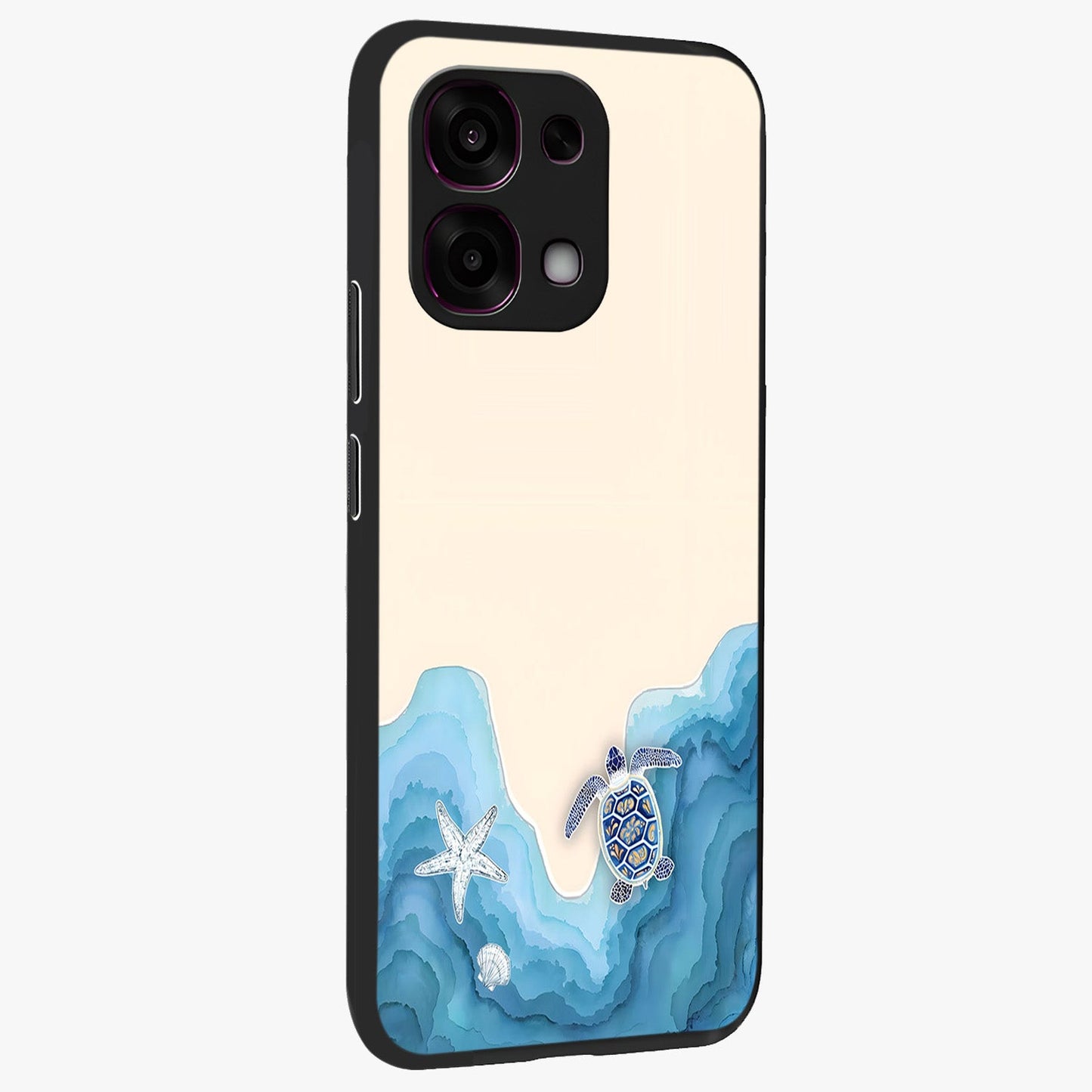 Ocean Drift Turtle Glass Case upright view showcasing calm underwater turtle artwork with nature inspired theme.