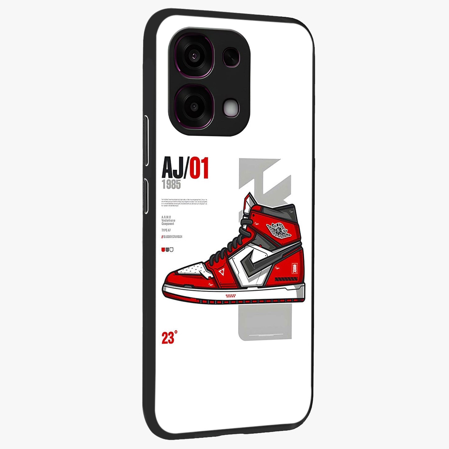 Retro Sneaker Blueprint Glass Case upright view showcasing stylish sneaker illustration with vintage streetwear theme.