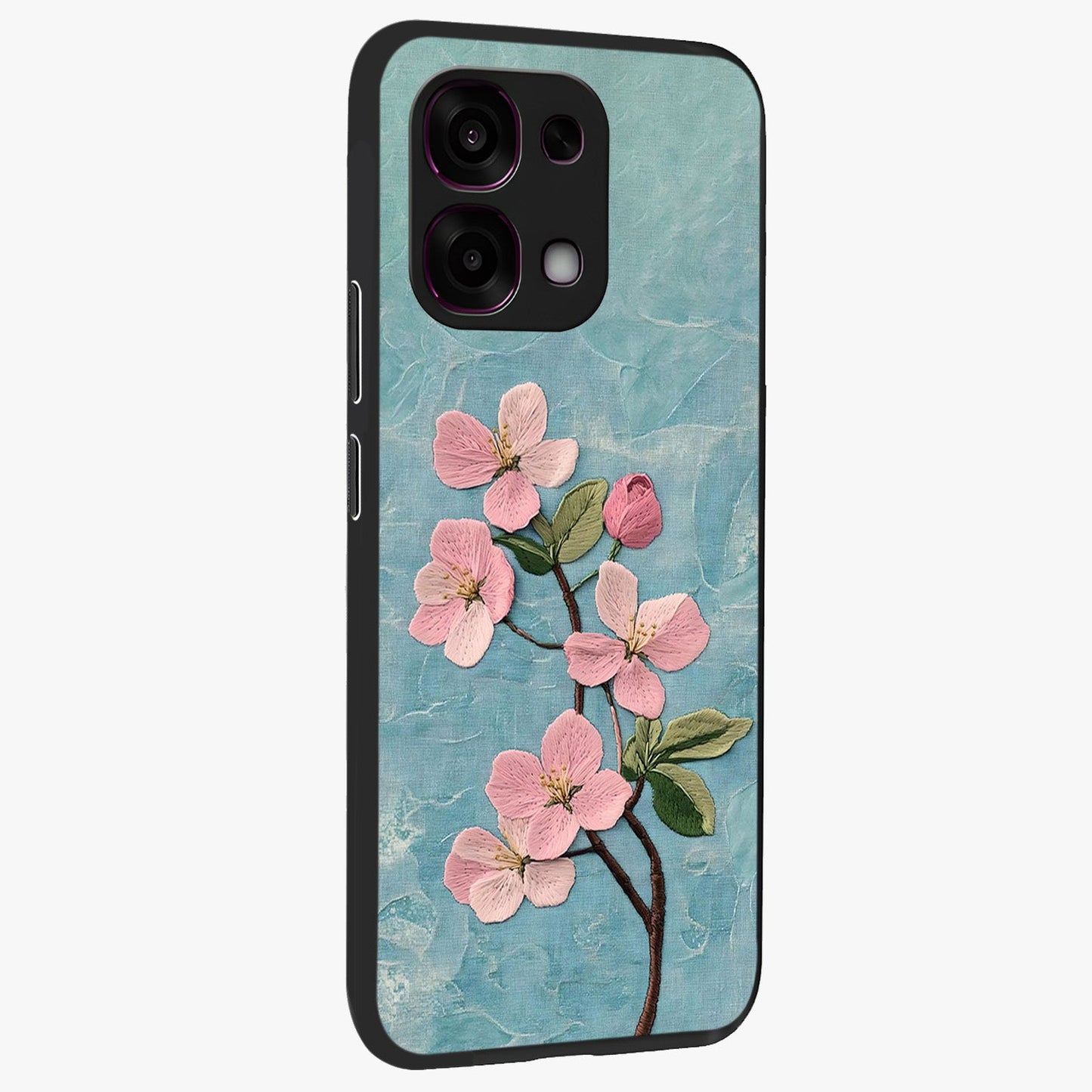 Threaded Blossom Breeze Glass Case upright view showcasing graceful flower artwork with calm botanical theme.