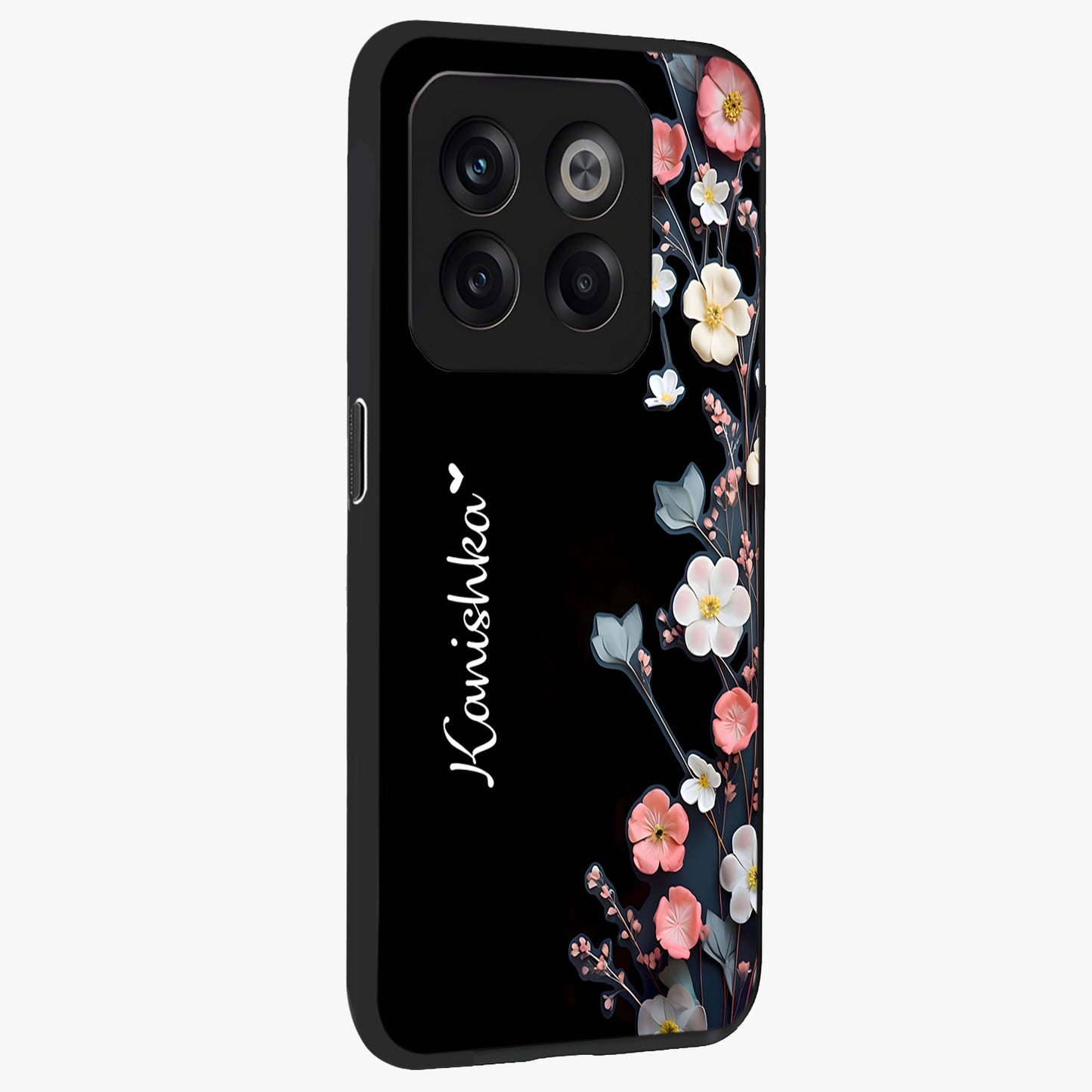 Black Elegance Floral Custom Name Glass Case for OnePlus 10T |1+10T