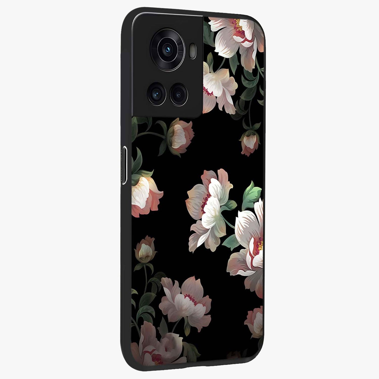 Abstract Embossed Blooming Bright Flower Glass Case for 1+10R side perspective highlighting bright embossed flower texture