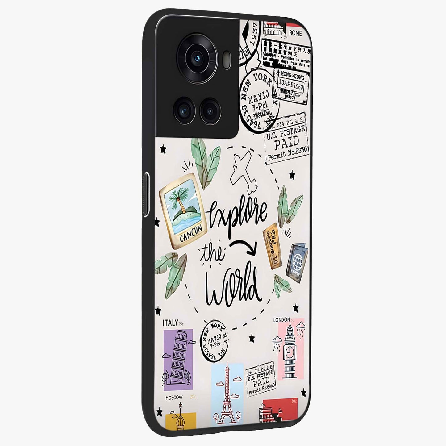 Adventure Awaits Art Glass Case for 1+10R side perspective highlighting motivational travel graphic details