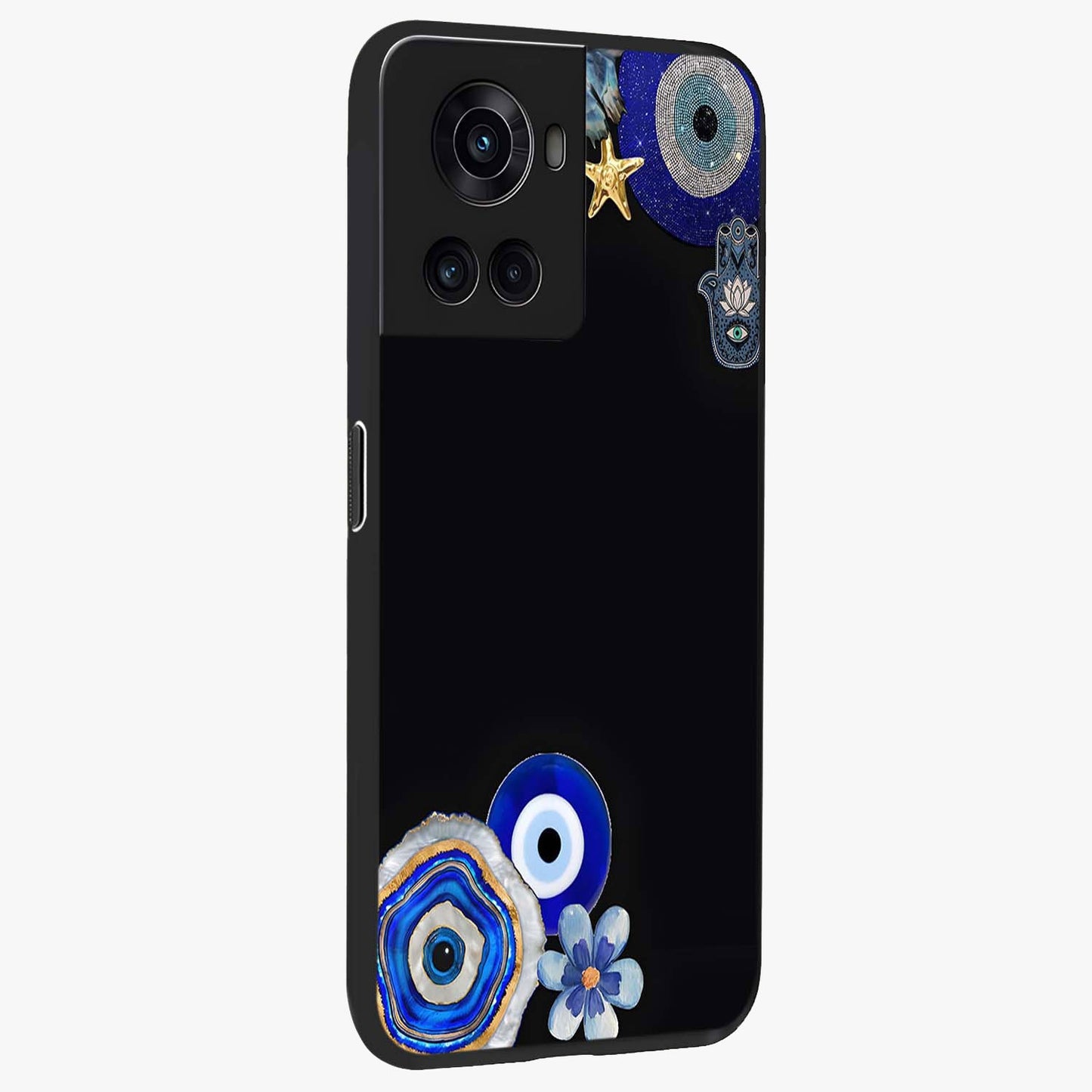 Aesthetic Blue Evil Eye Glass Case for 1+10R side perspective highlighting bold blue evil eye detailing