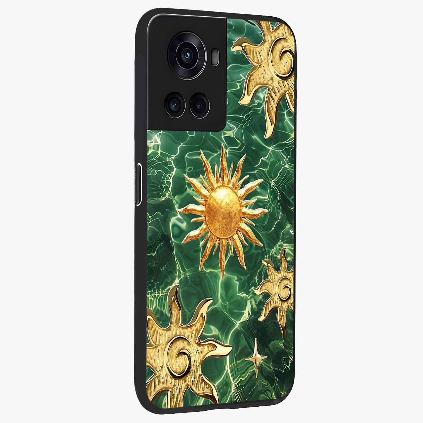 Aqua Sun Mirage Glass Case for 1+10R side perspective highlighting bold mirage style design details