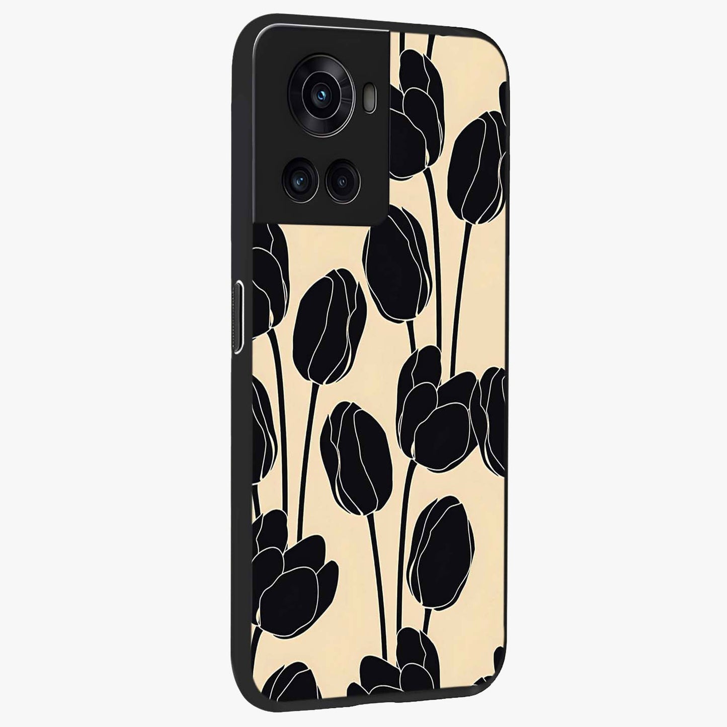Black Designer Tulip Glass Case for 1+10R side perspective highlighting bold contrast and stylish tulip illustration