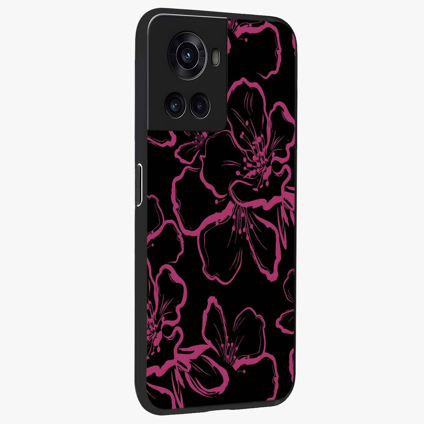 Black Violet Sketch Garden Glass Case for 1+10R side perspective highlighting elegant sketch detailing and premium finish